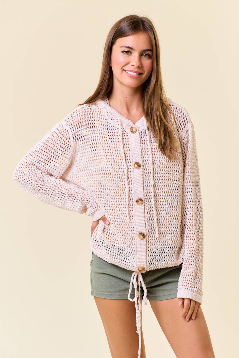 Fisher Net Hoodie Cardigan With Big Wooden Button