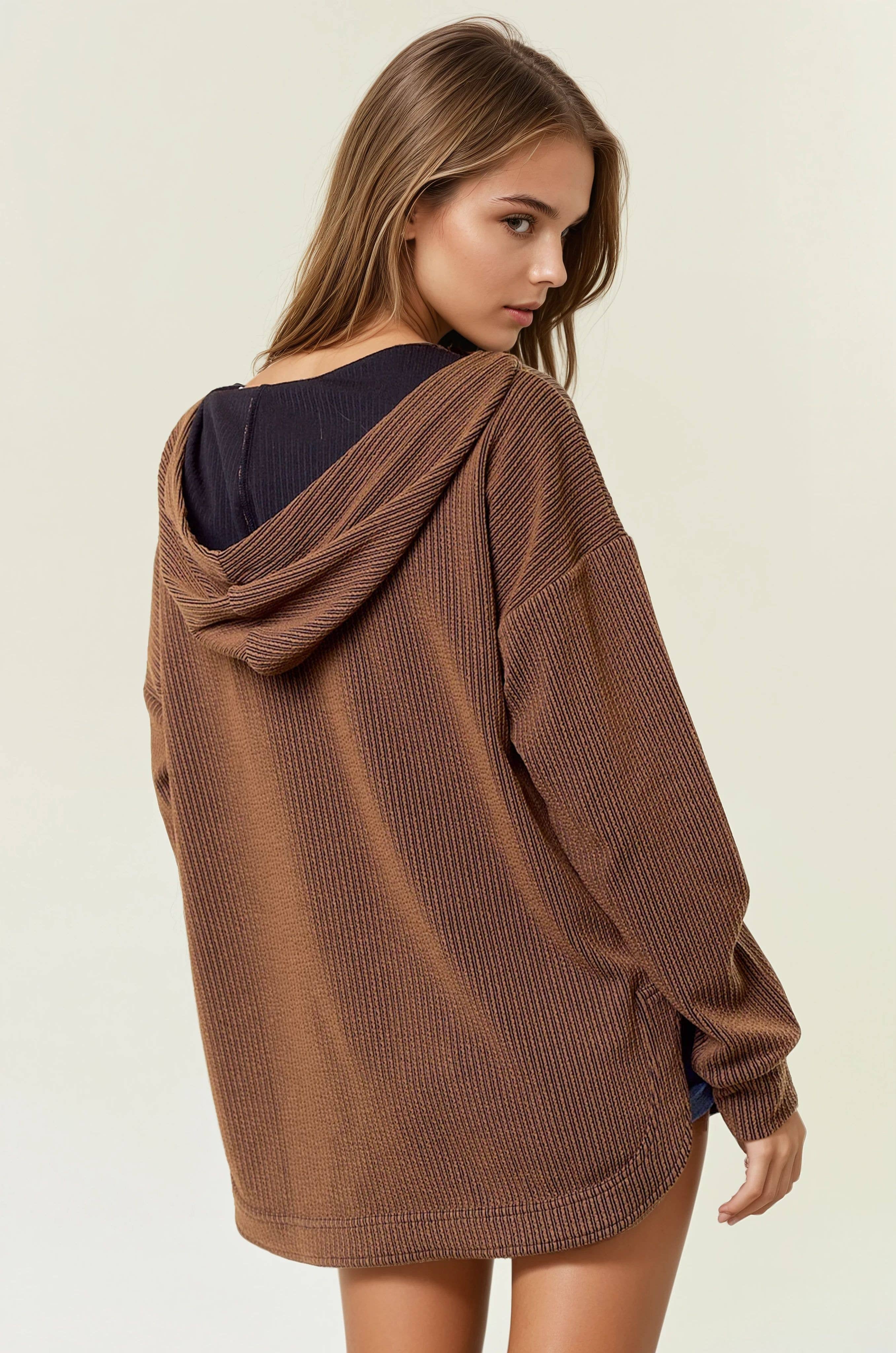 V-Neckline Long Hooded Sweatshirt