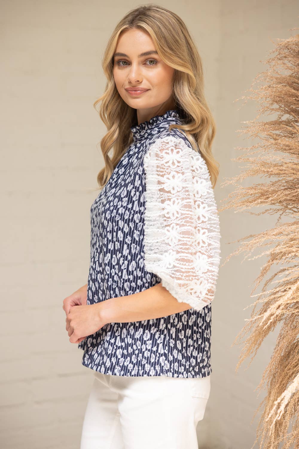 Lace Sleeve Animal Print Top