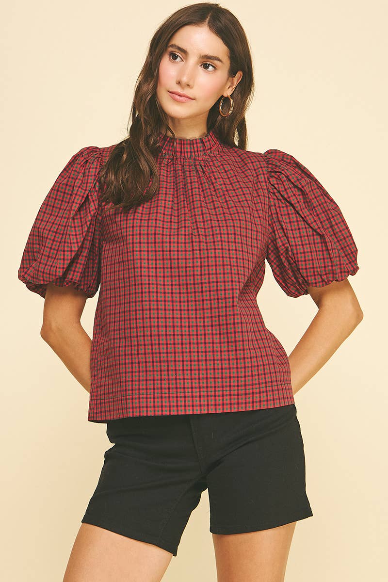 PLAID RUFFLED MOCK NECK BLOUSE