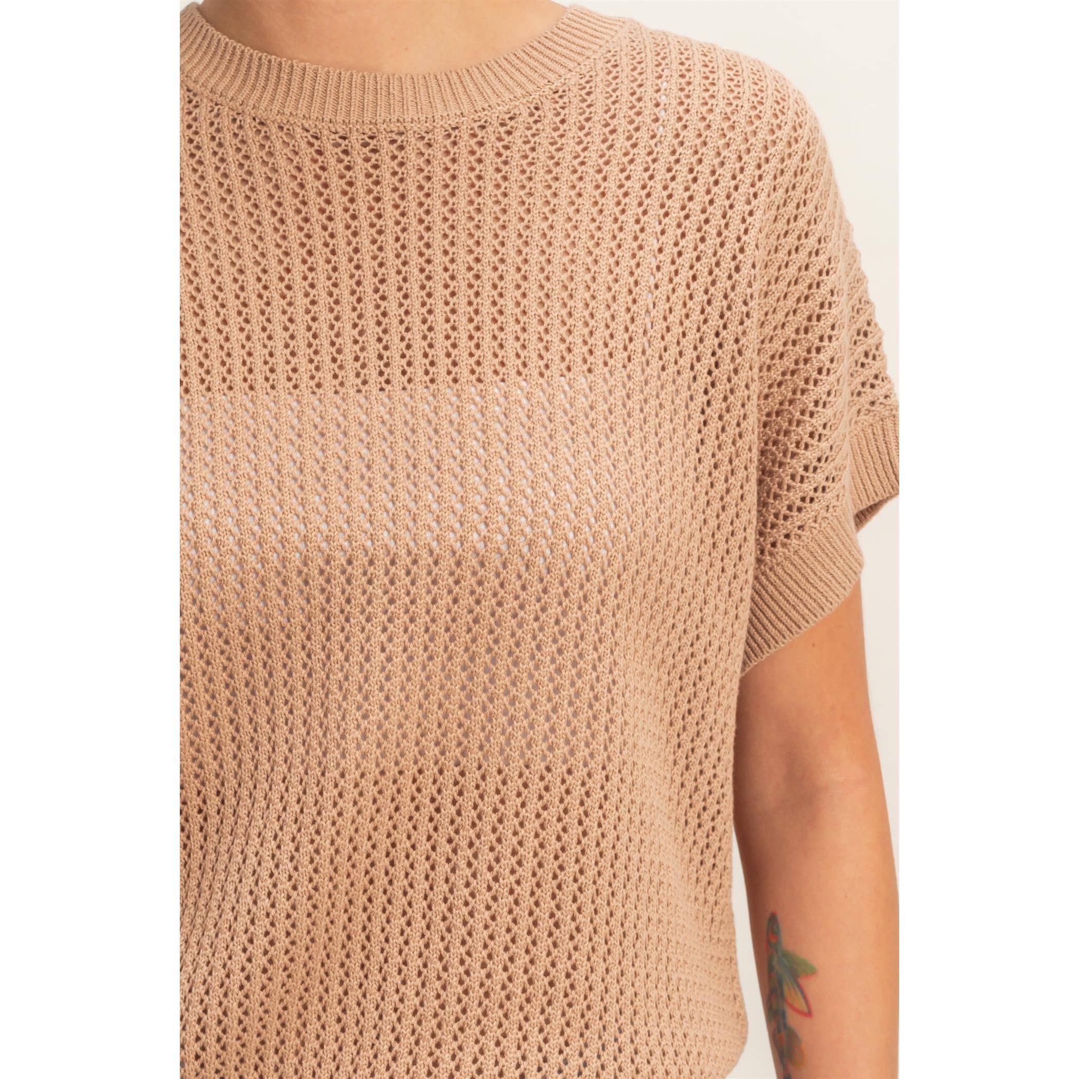 Taupe Open-Knit Dolman Sleeve Top
