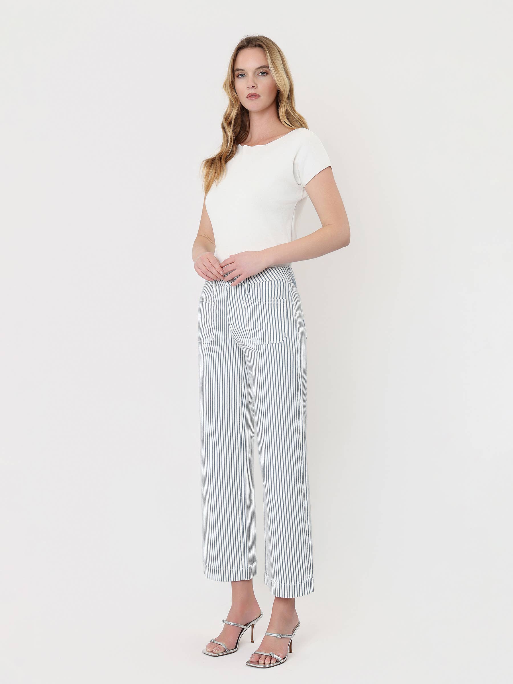 STRIPE HIGH RISE WIDE LEG JEANS