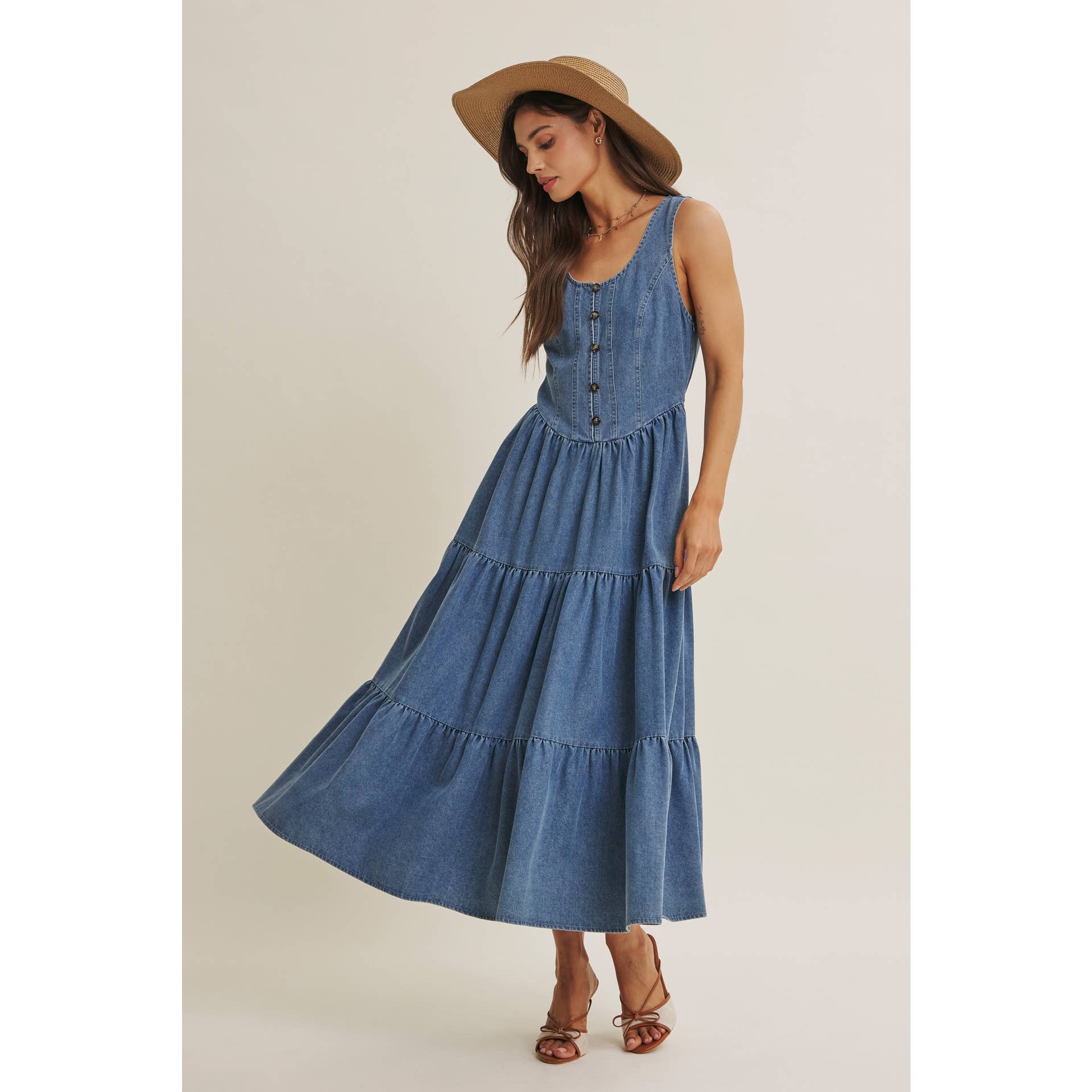 DENIM TIERED MIDI DRESS
