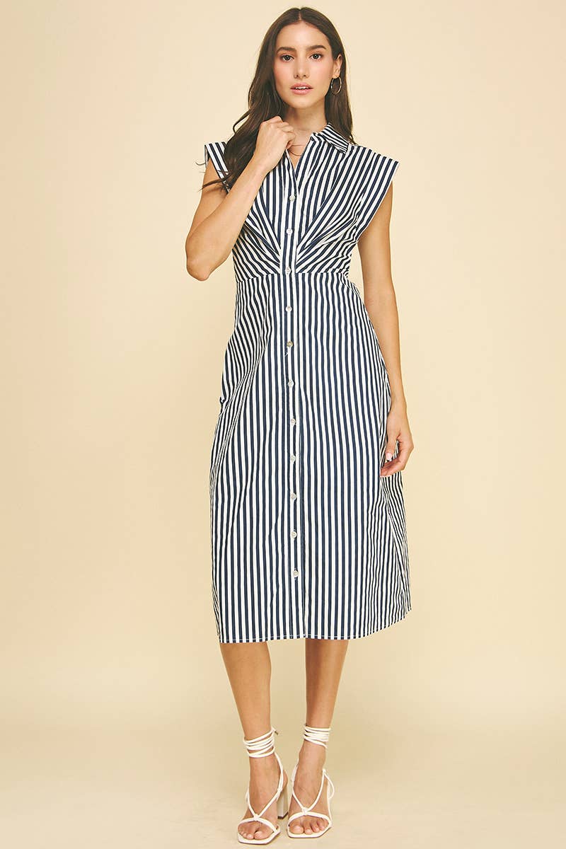 STRIPED BUTTON DOWN MIDI DRESS