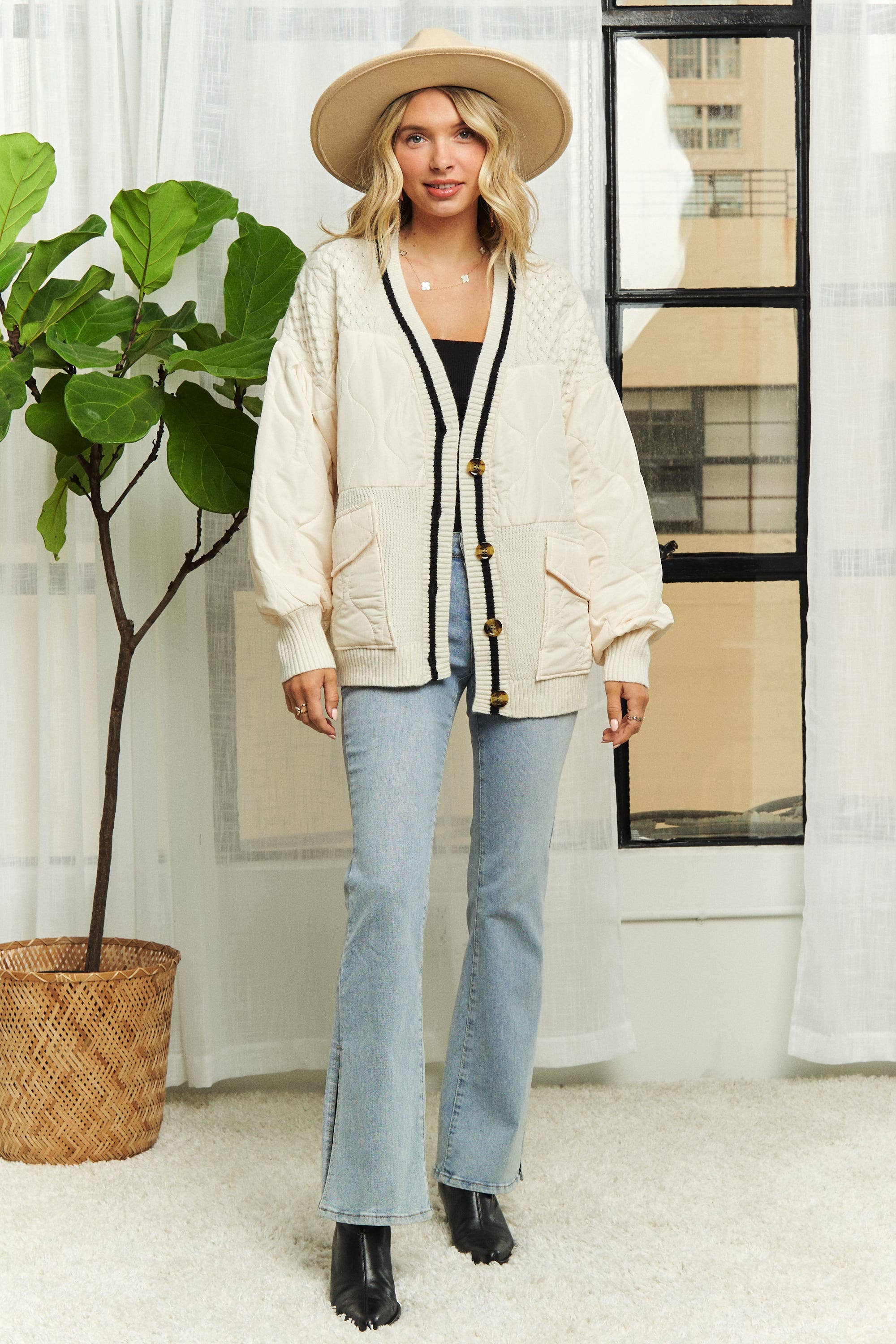 BUTTON DOWN QUILTED SWEATER CARDIGAN