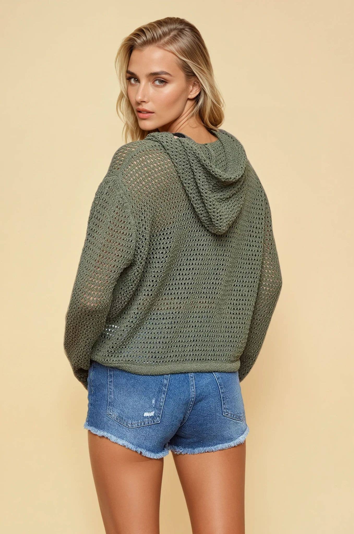 Fisher Net Hoodie Cardigan With Big Wooden Button