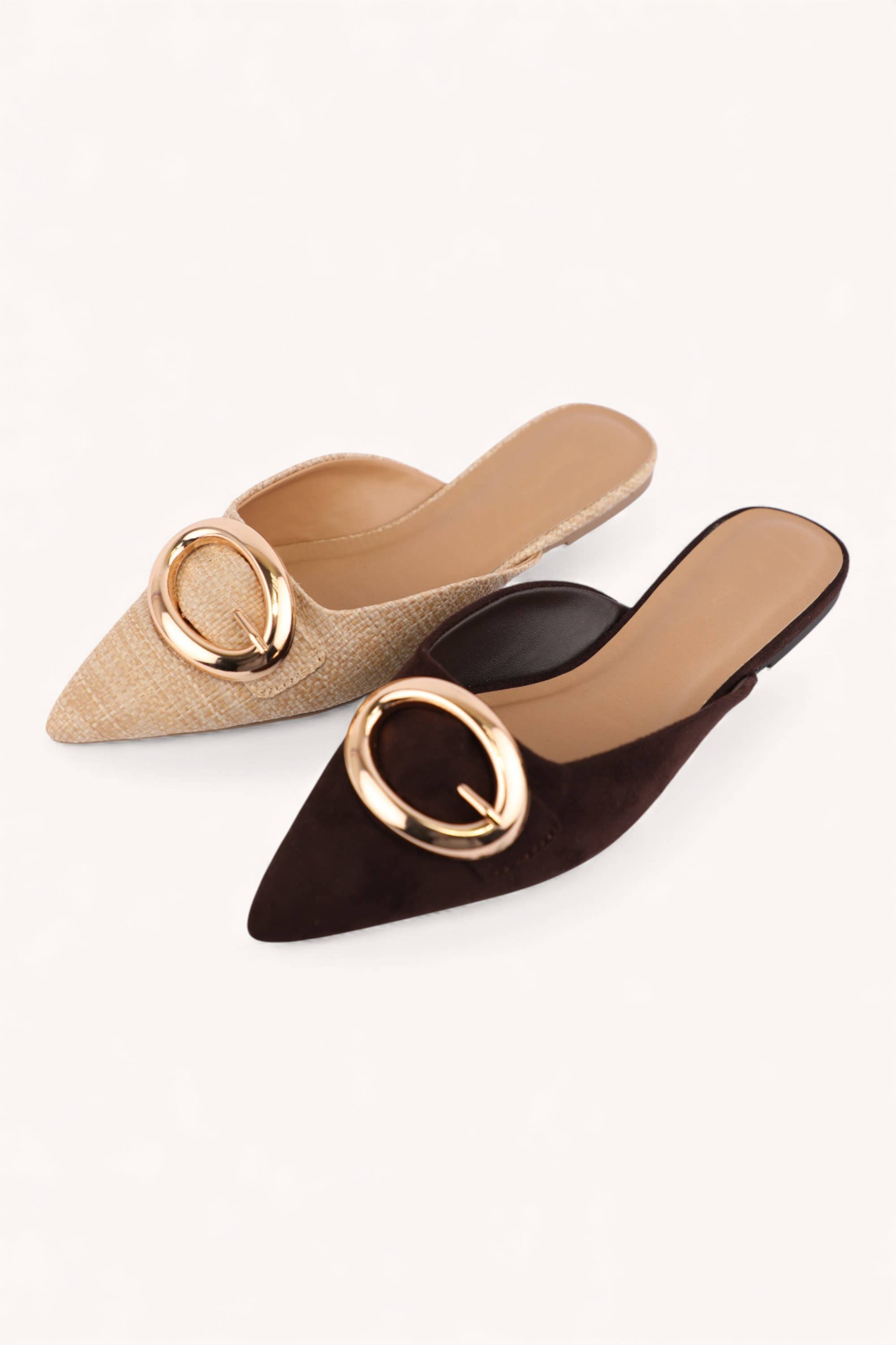GOLD BUCKLE POINTED TOE MULES