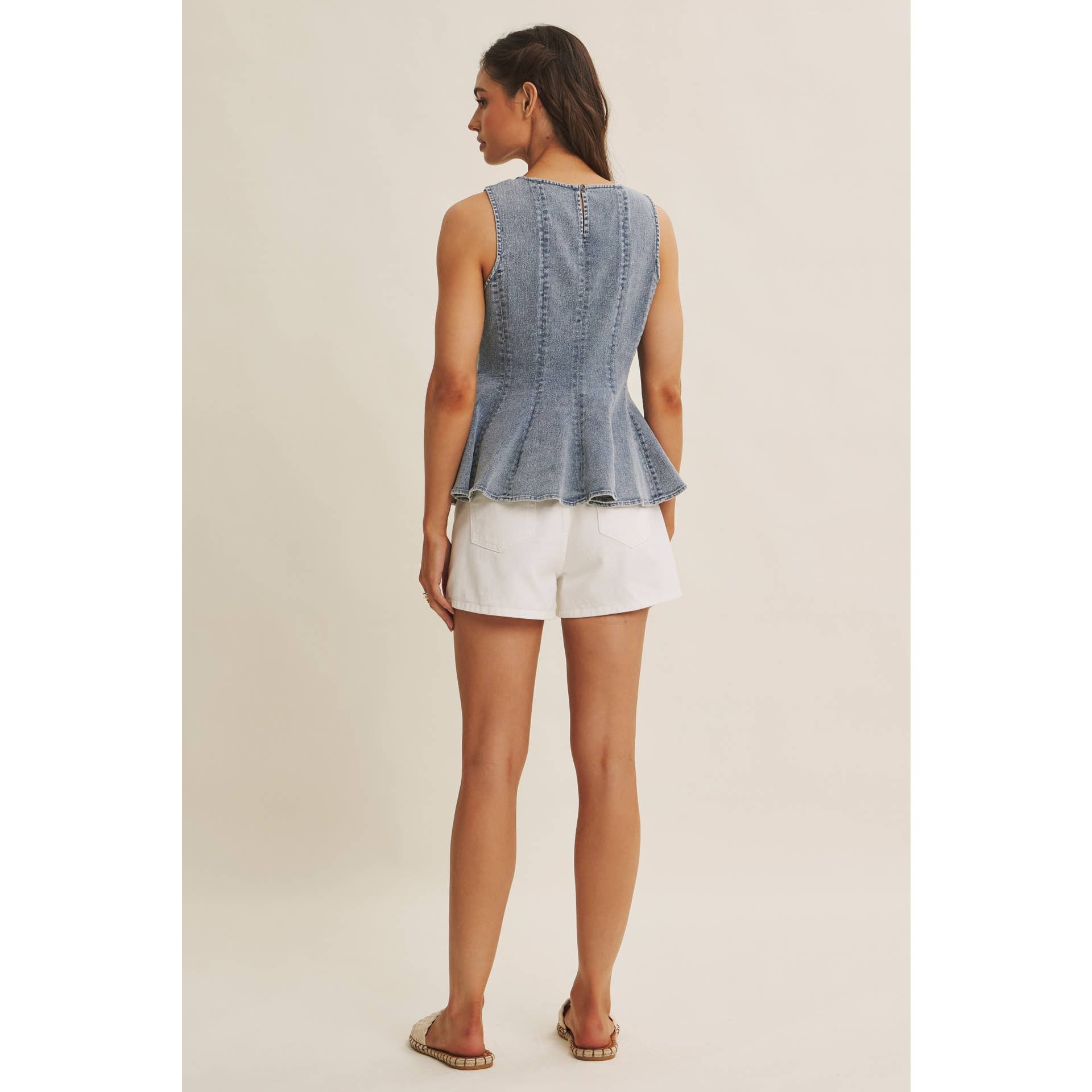MINERAL-WASHED DENIM PEPLUM TOP