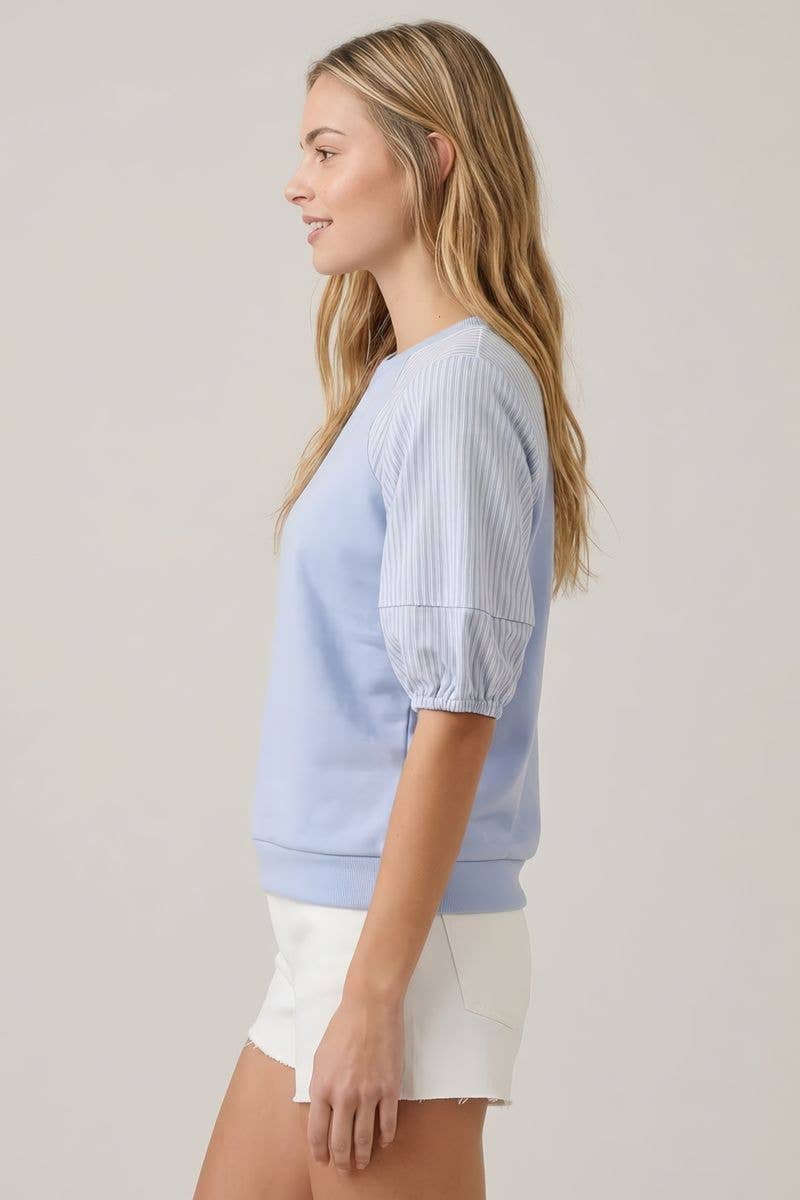 STRIPE CONTRAST MIX PUFF SLEEVE TOP