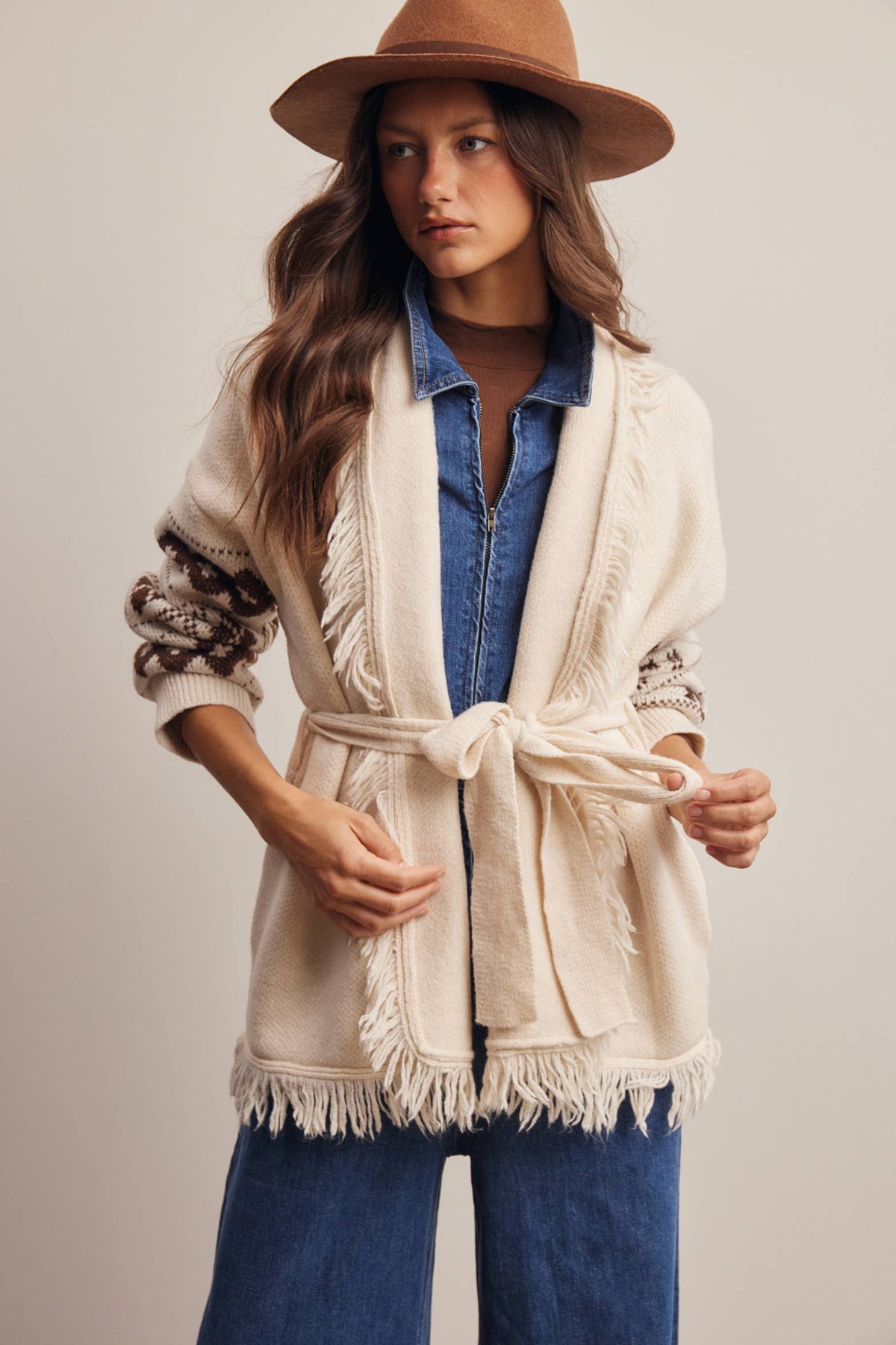 Fringe Trim Belted Western Cardigan