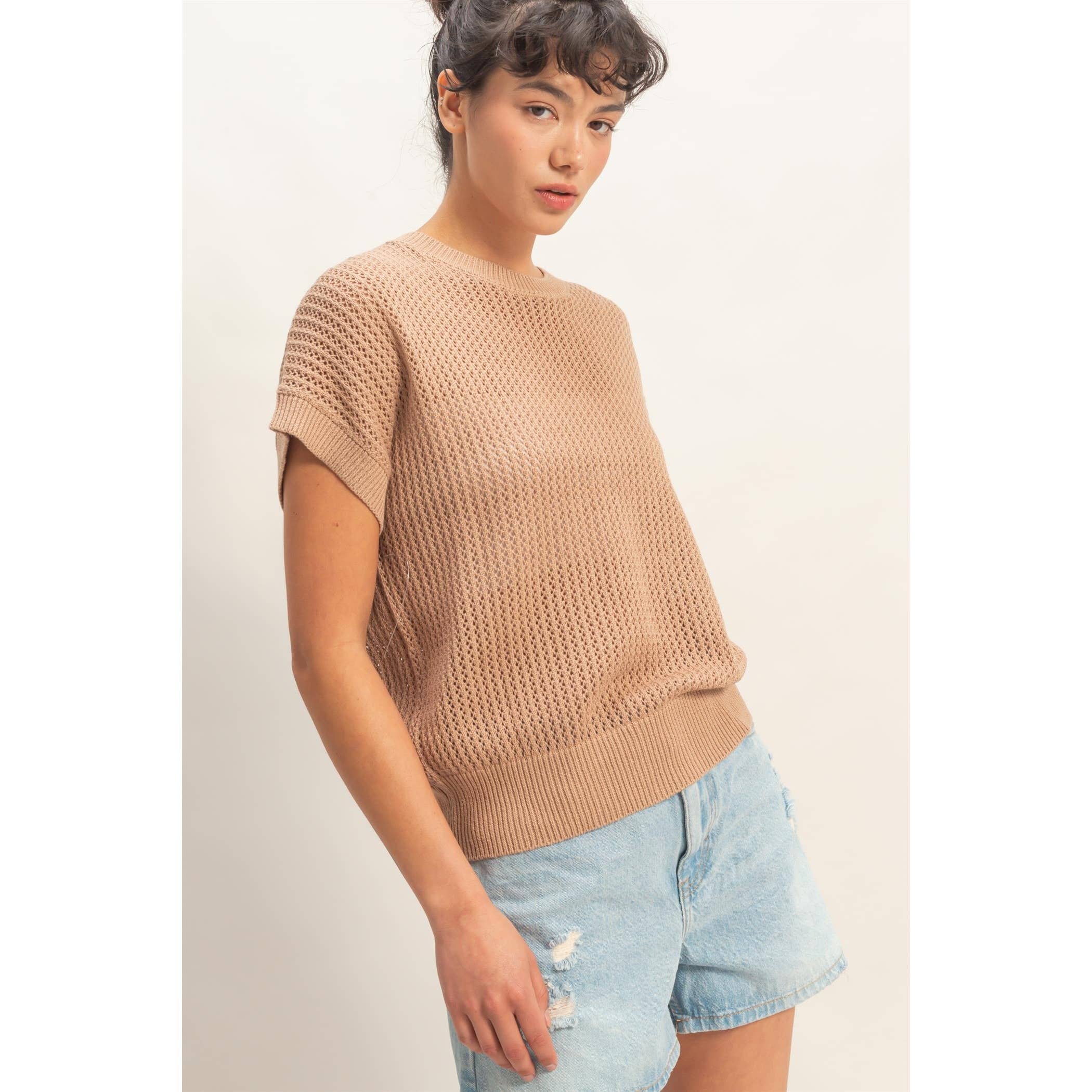 Taupe Open-Knit Dolman Sleeve Top
