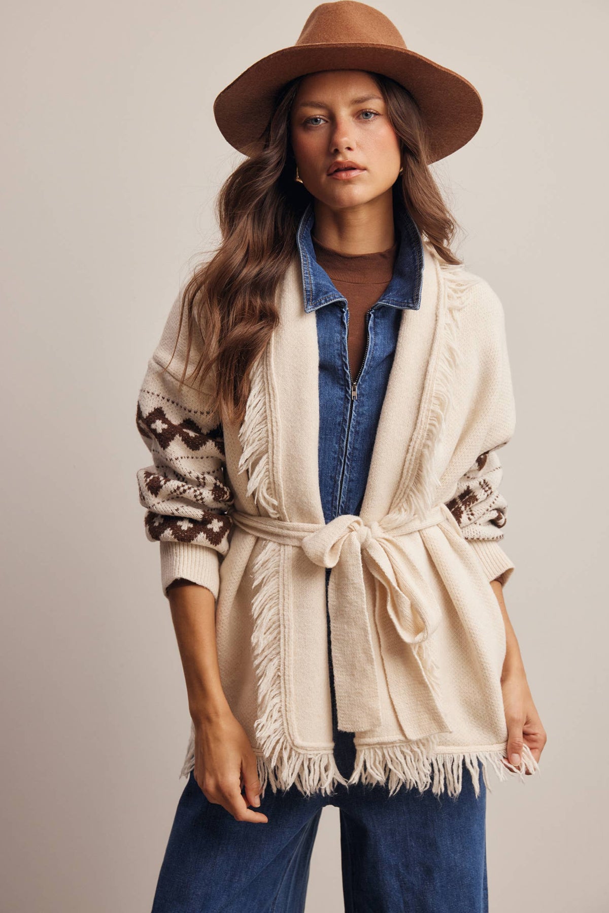 Fringe Trim Belted Western Cardigan