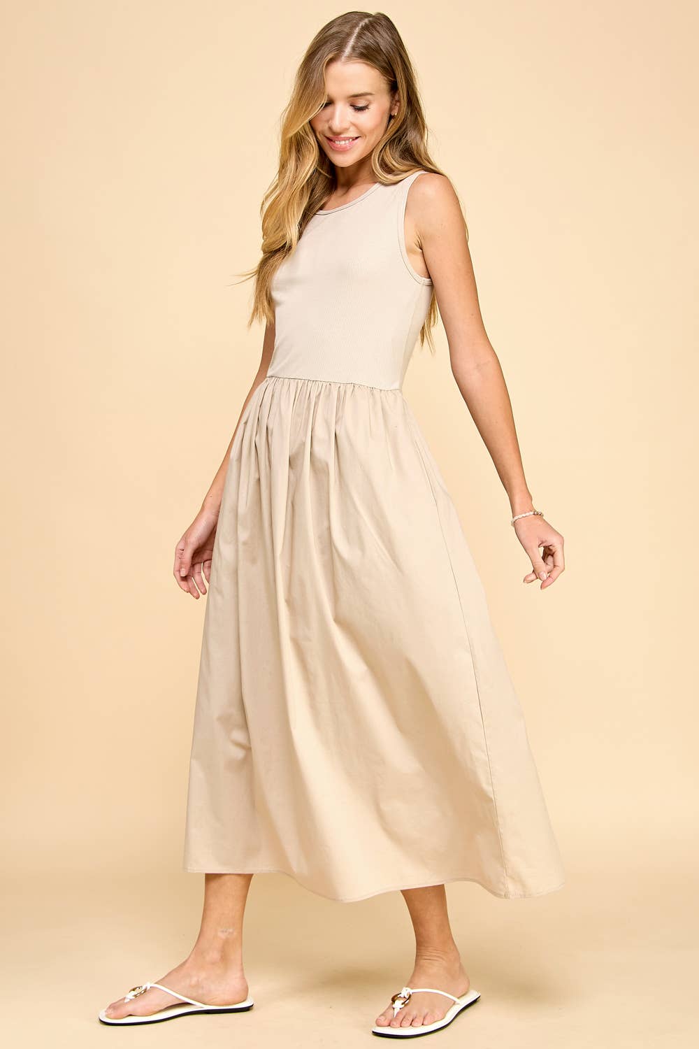 Solid Contrast Dress With Ribbed Top