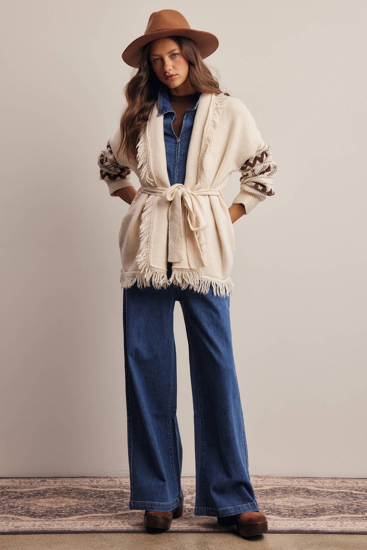 Fringe Trim Belted Western Cardigan