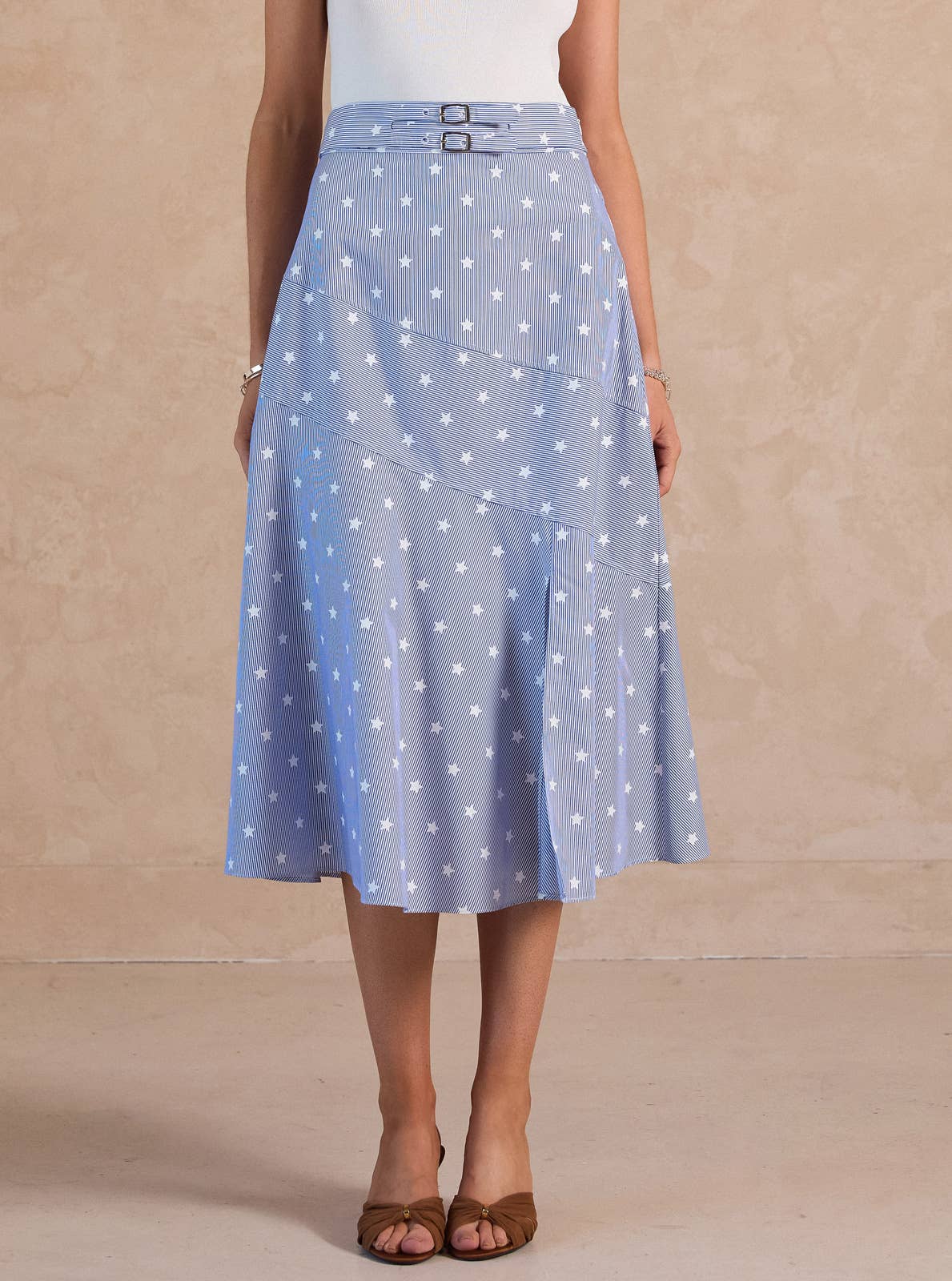 Stripe & Star Belted A-line Midi Skirt