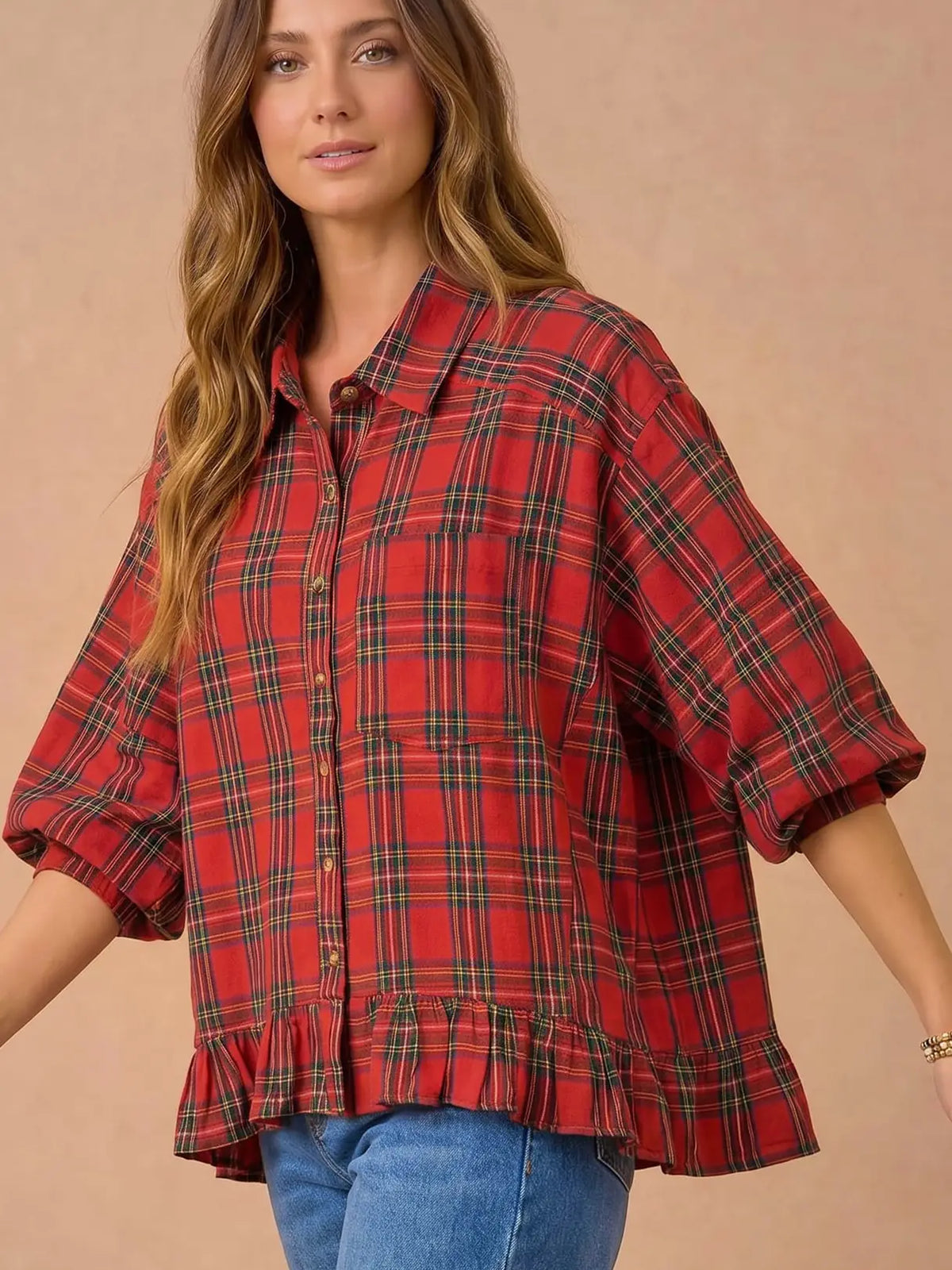 Red Plaid Peplum Blouse
