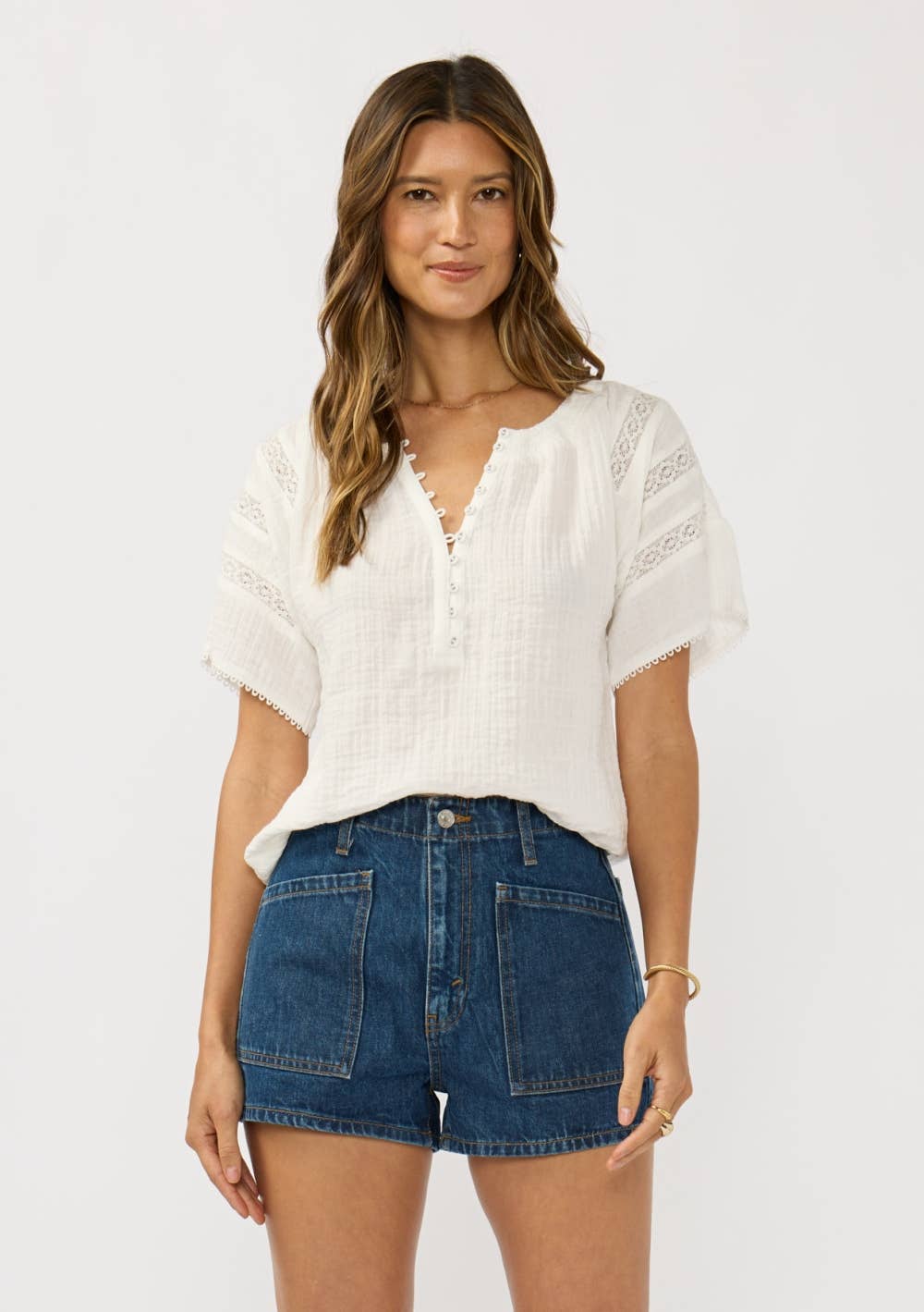 Half Button Front Top with Lace Trims