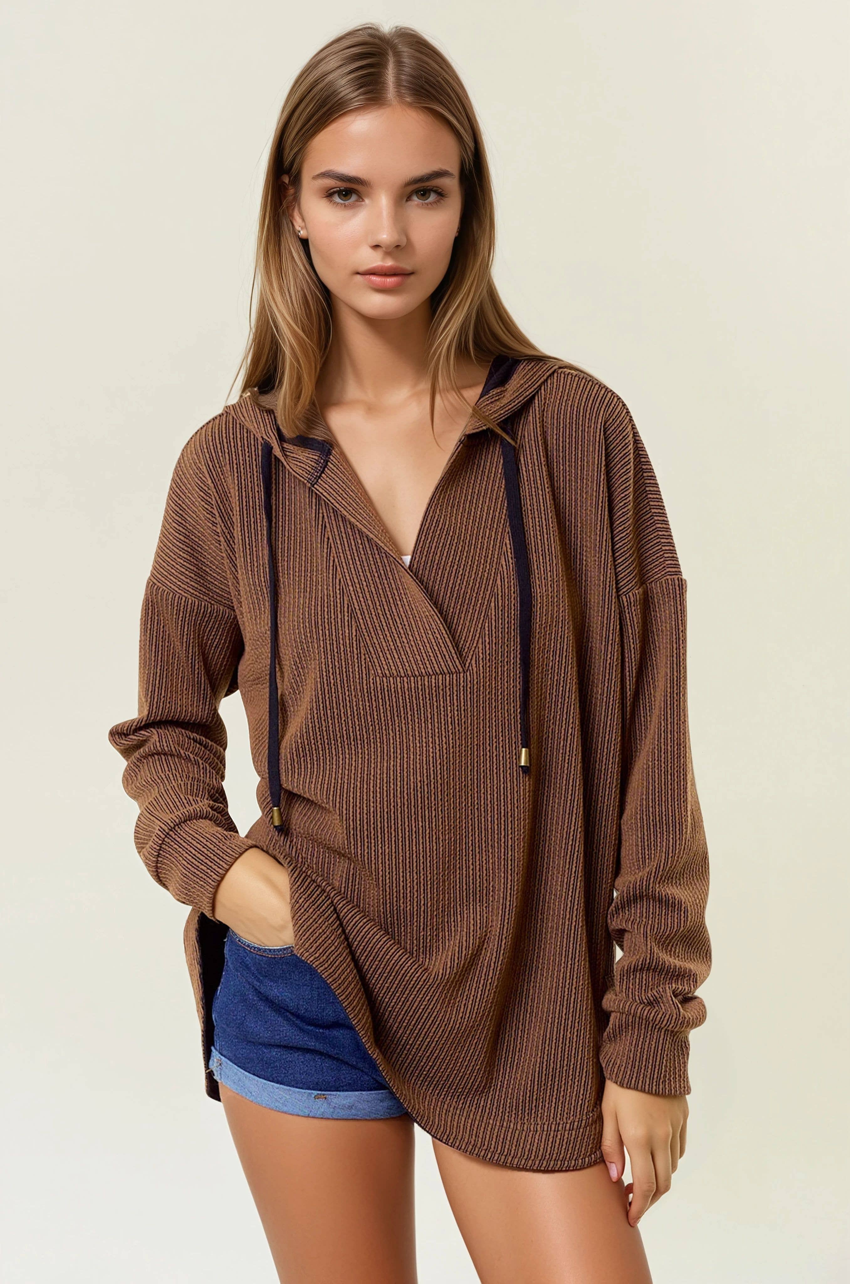 V-Neckline Long Hooded Sweatshirt