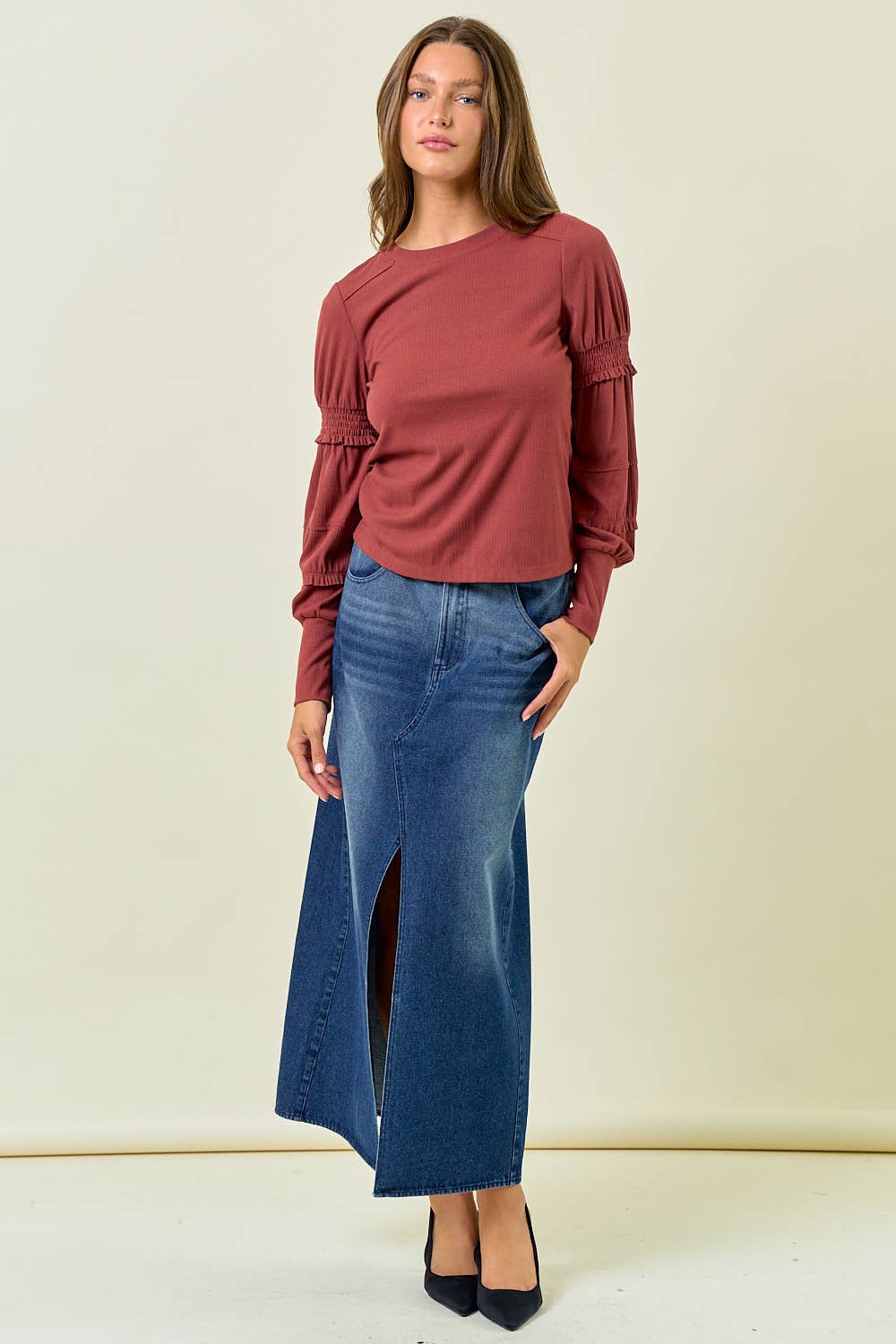 SMOCKED LONG SLEEVE TOP