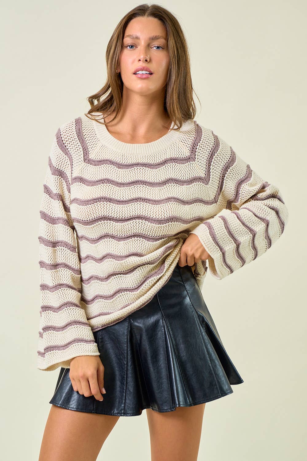 STRIPED POINTELLE BELL SLEEVE SWEATER TOP