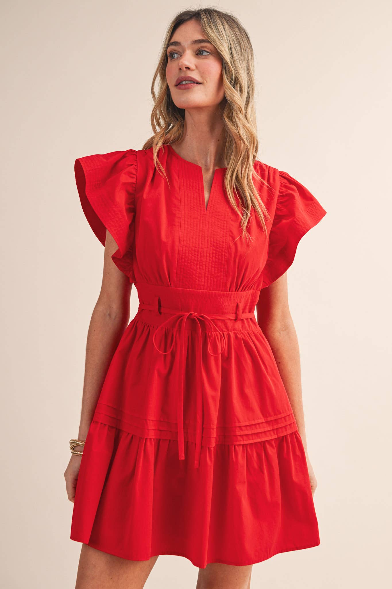 EMBROIDERED PIN TUCK MINI DRESS