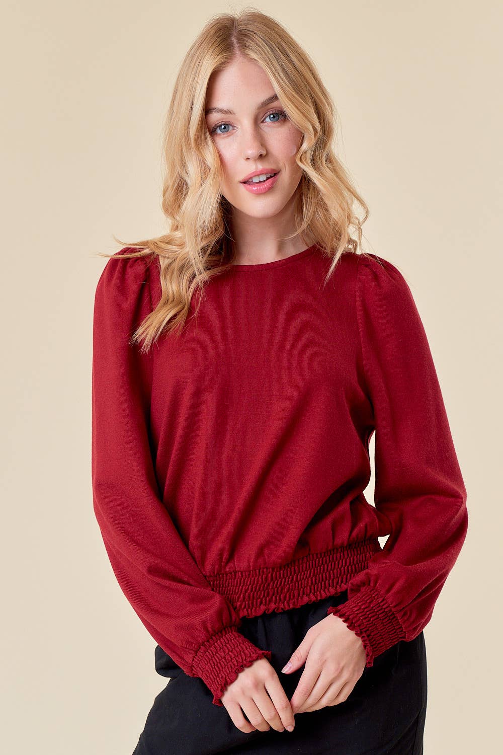 SMOCKED BOTTOM PUFF SLEEVE TOP