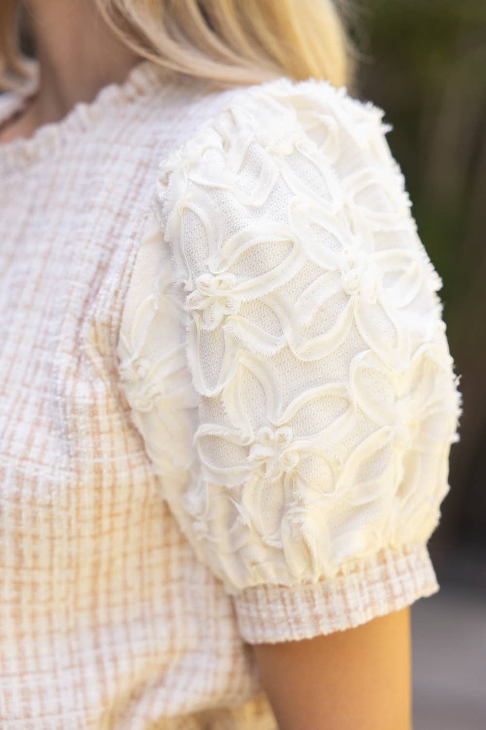 Floral Lace Sleeve Tweed Top