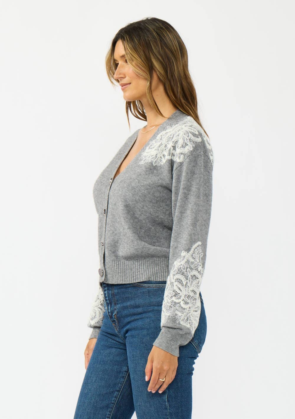 V-Neck Lace Accent Cardigan