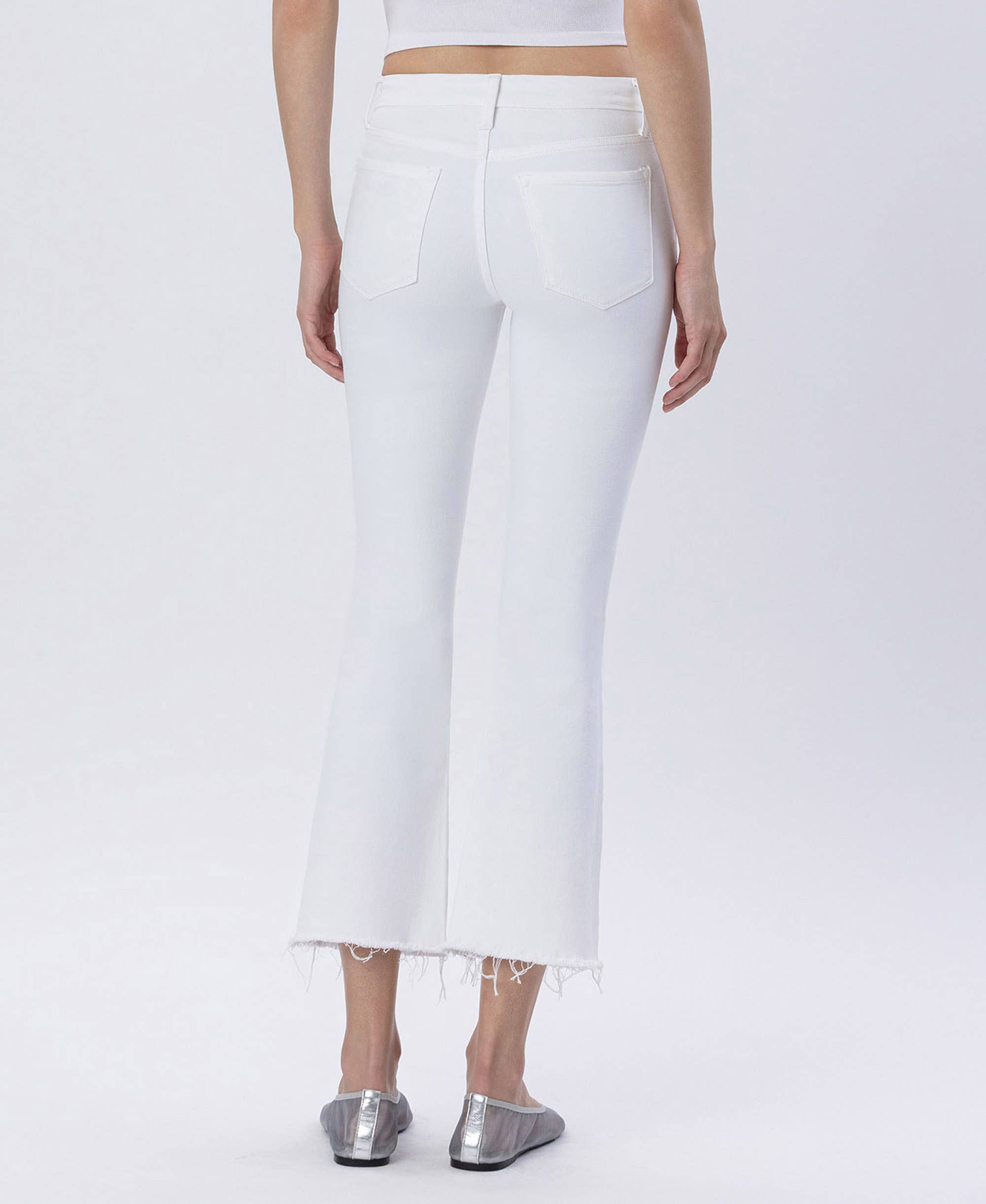 WHITE MID RISE CROP FLARE JEANS