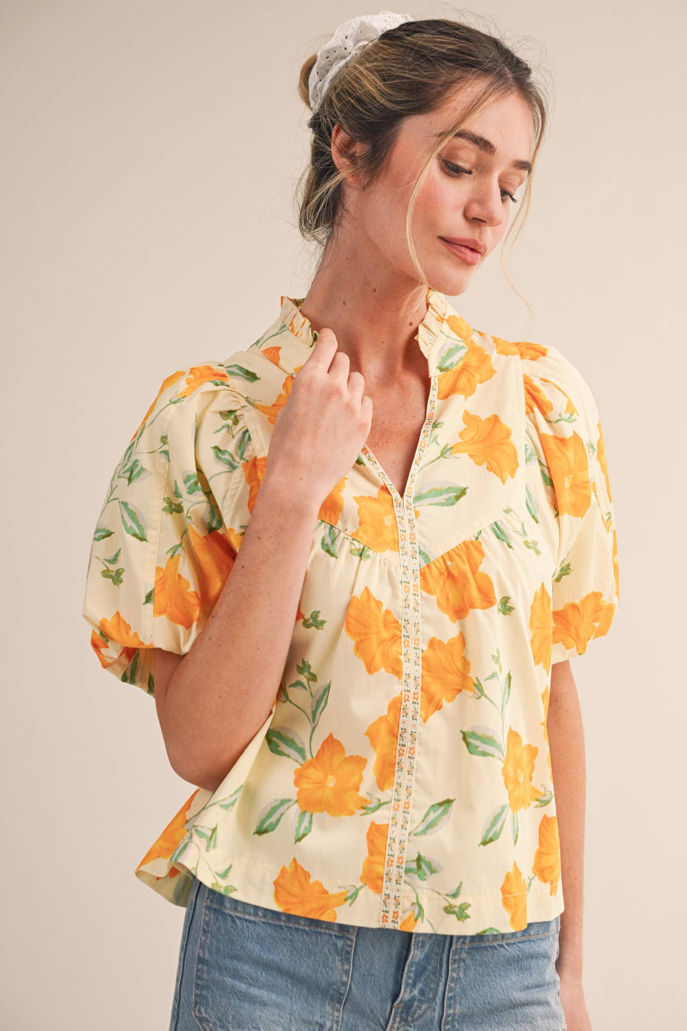 FLORAL PRINT BUBBLE SLEEVE TOP