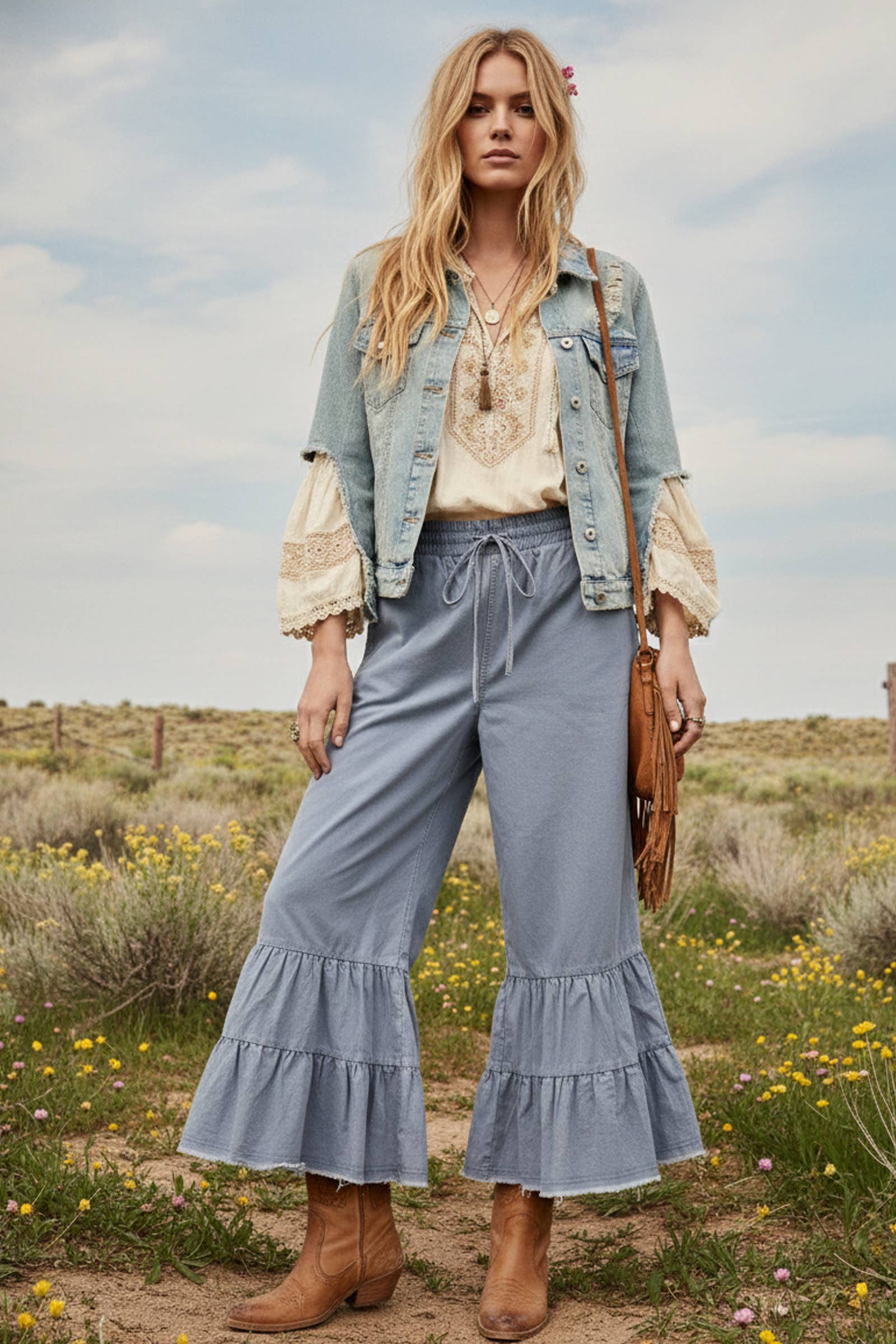 Stone Washed Ruffle Wide Leg Pants