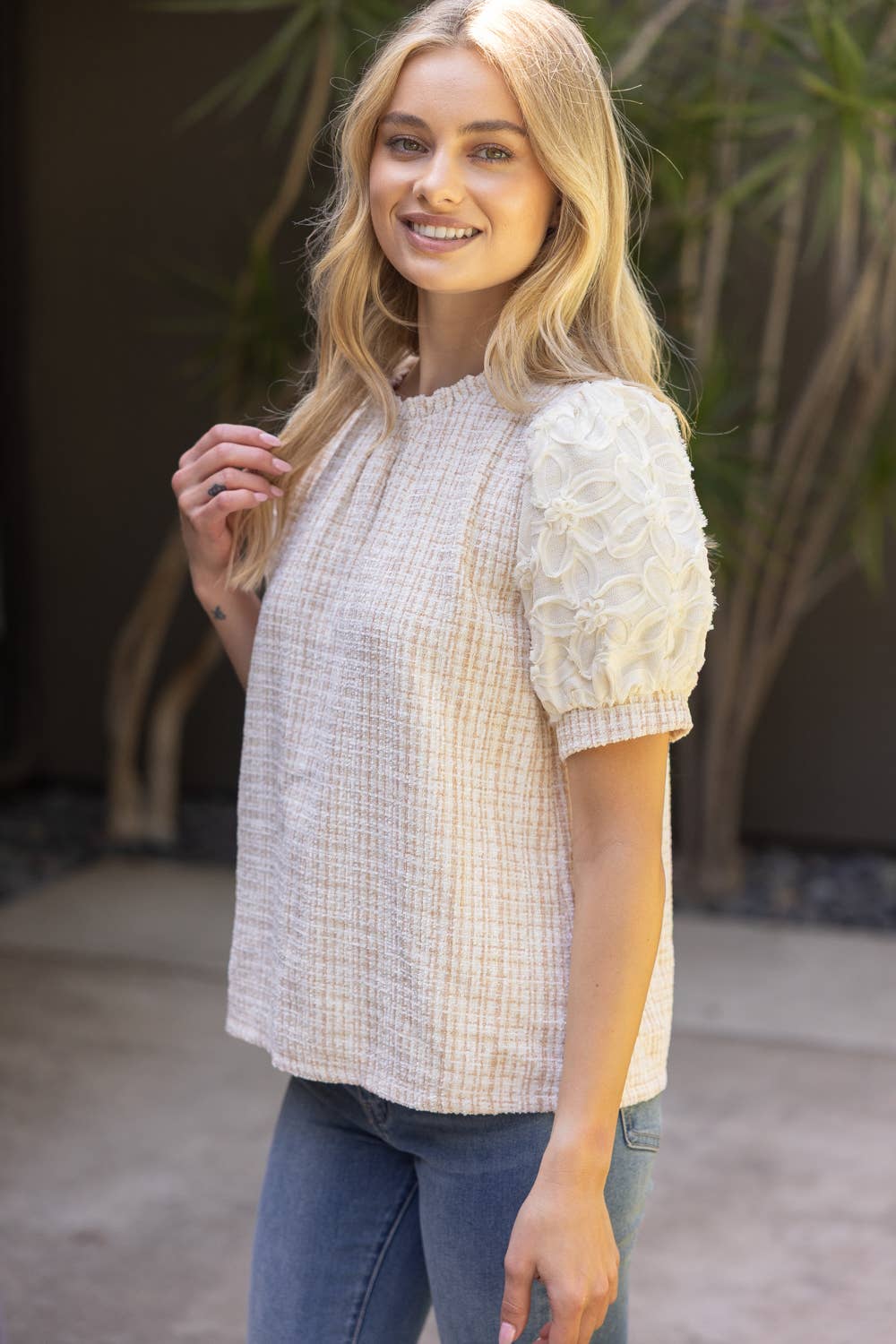 Floral Lace Sleeve Tweed Top