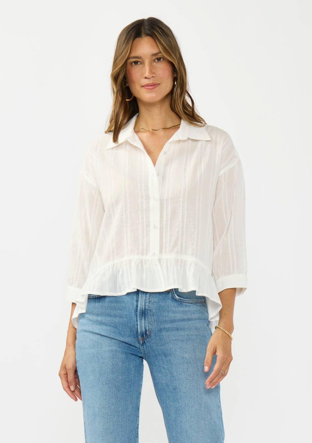 Embroidered Pintuck Button Down Top