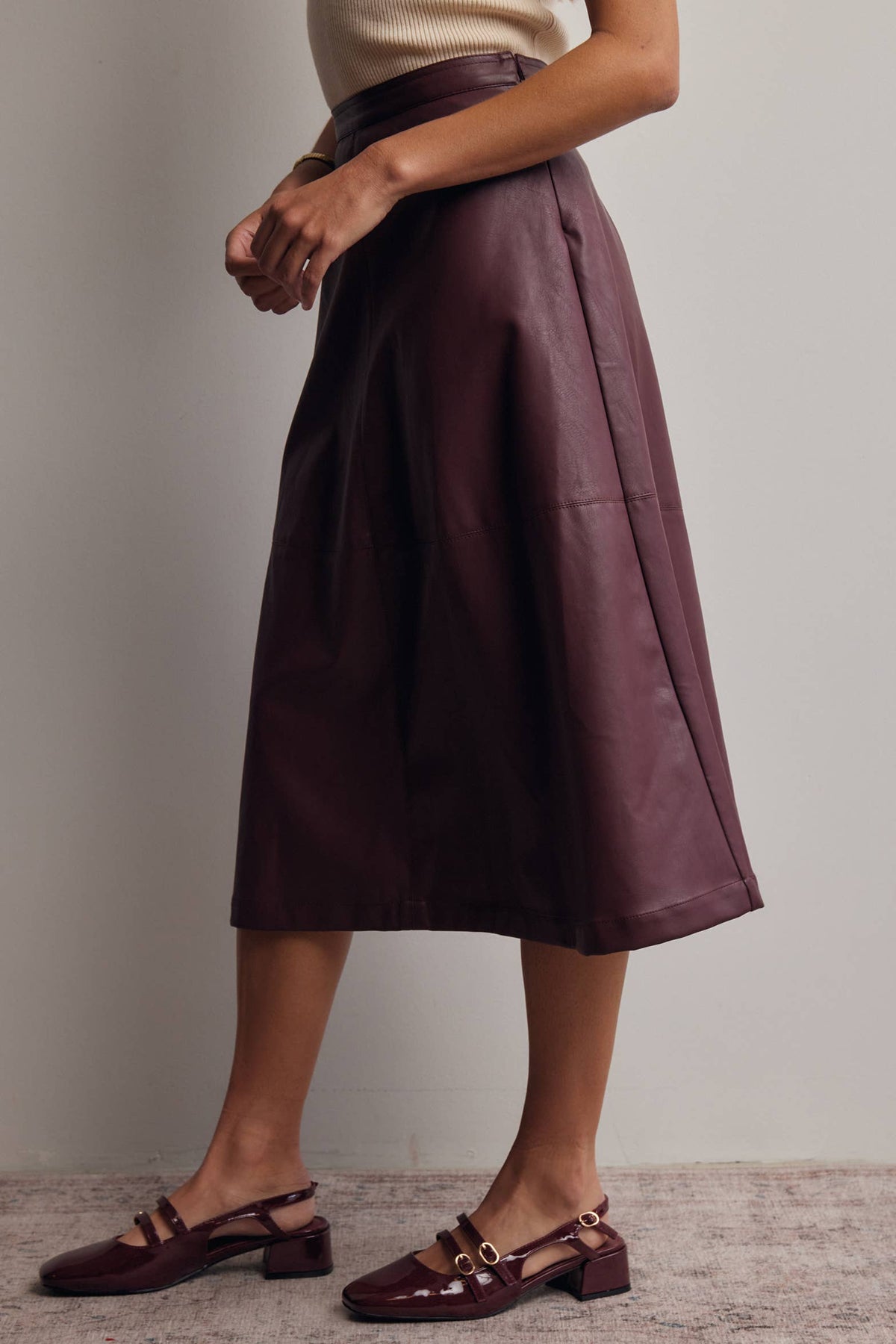 Faux Leather A-Line Midi Skirt