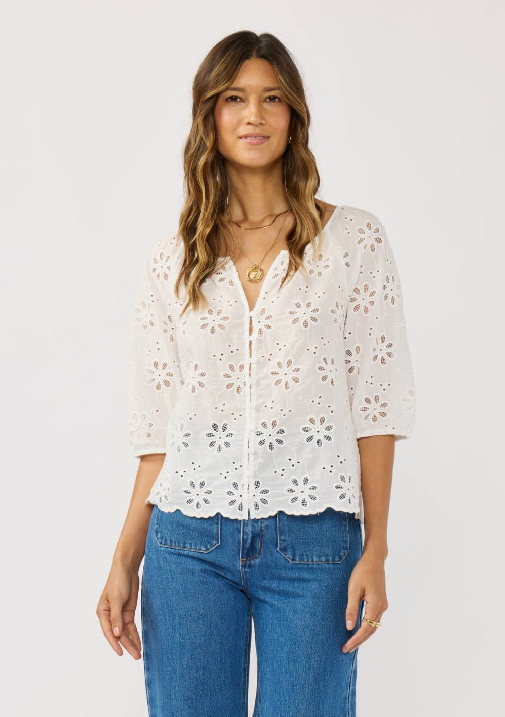 Floral Eyelet V-Neck Blouse