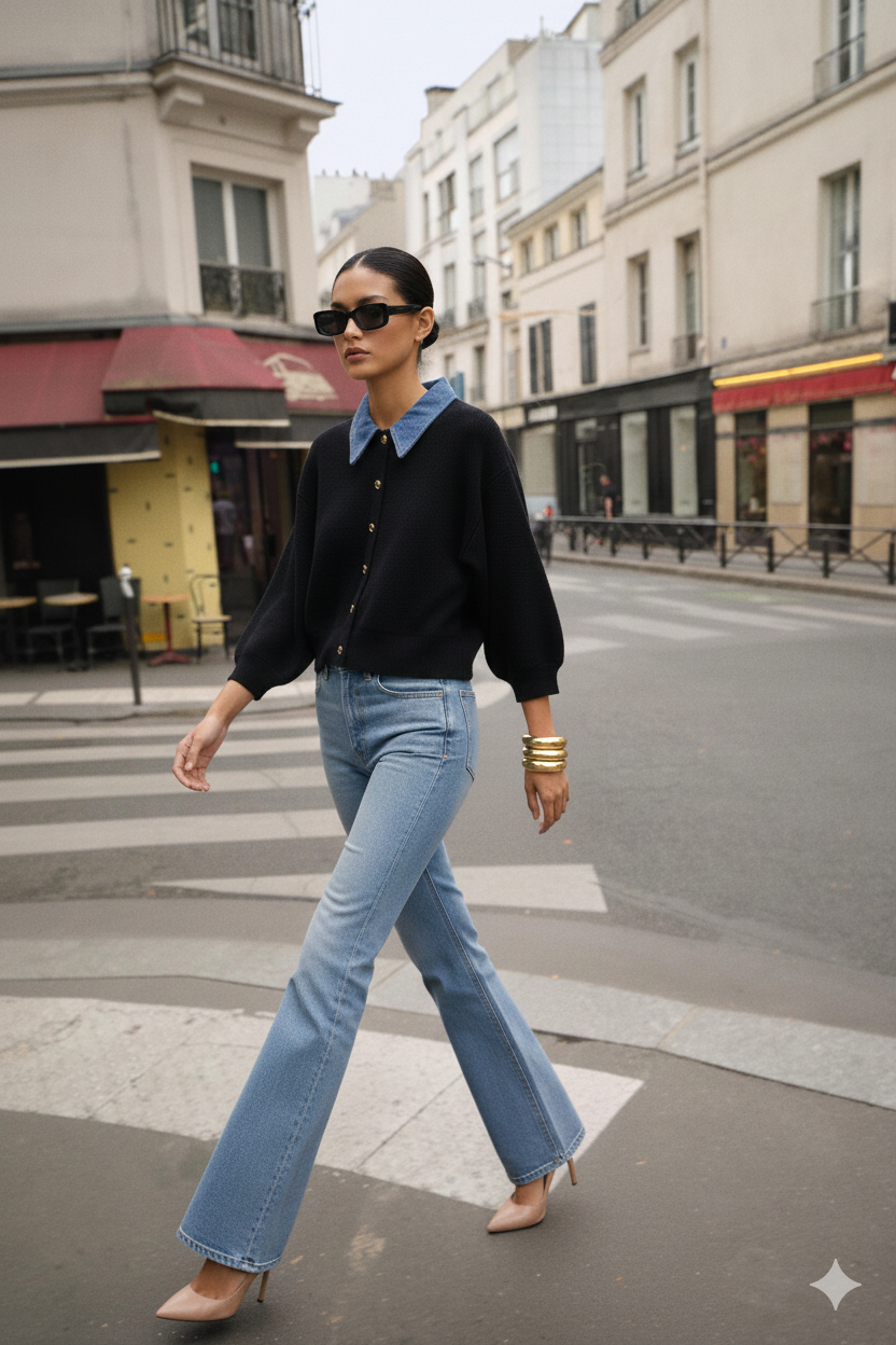 Sweater Cardigan with Denim collar