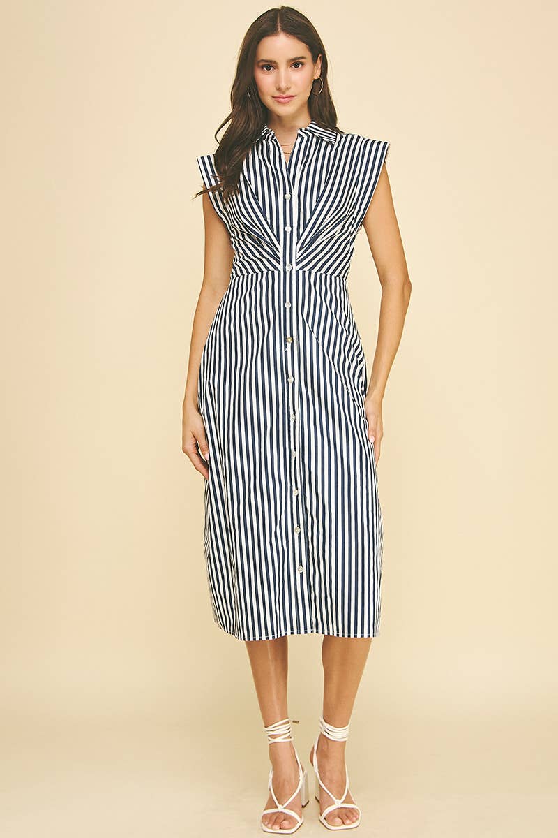 STRIPED BUTTON DOWN MIDI DRESS