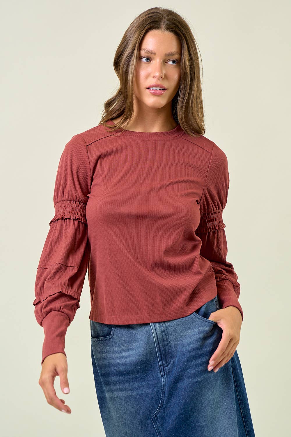 SMOCKED LONG SLEEVE TOP