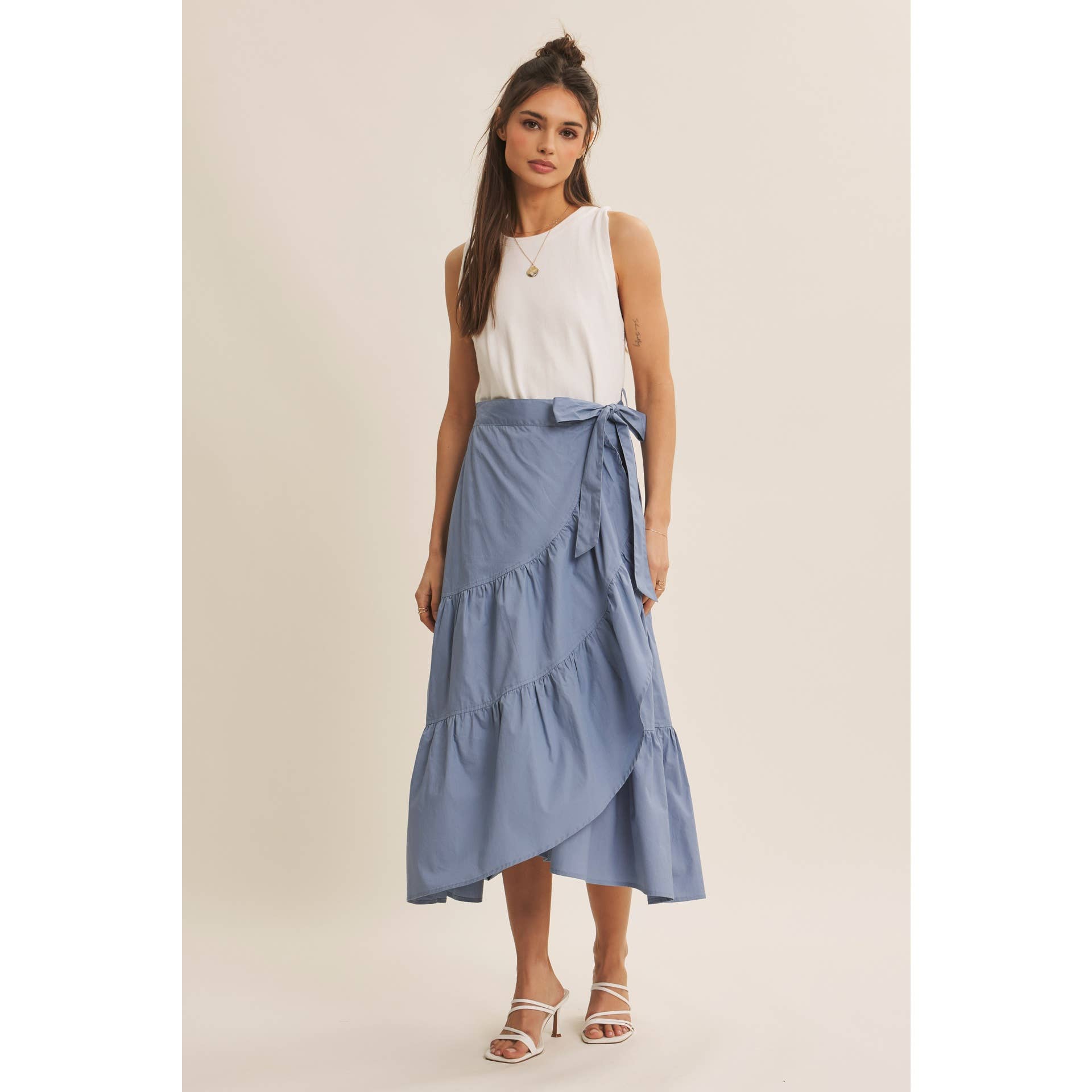 TIERED WRAP MIDI DRESS