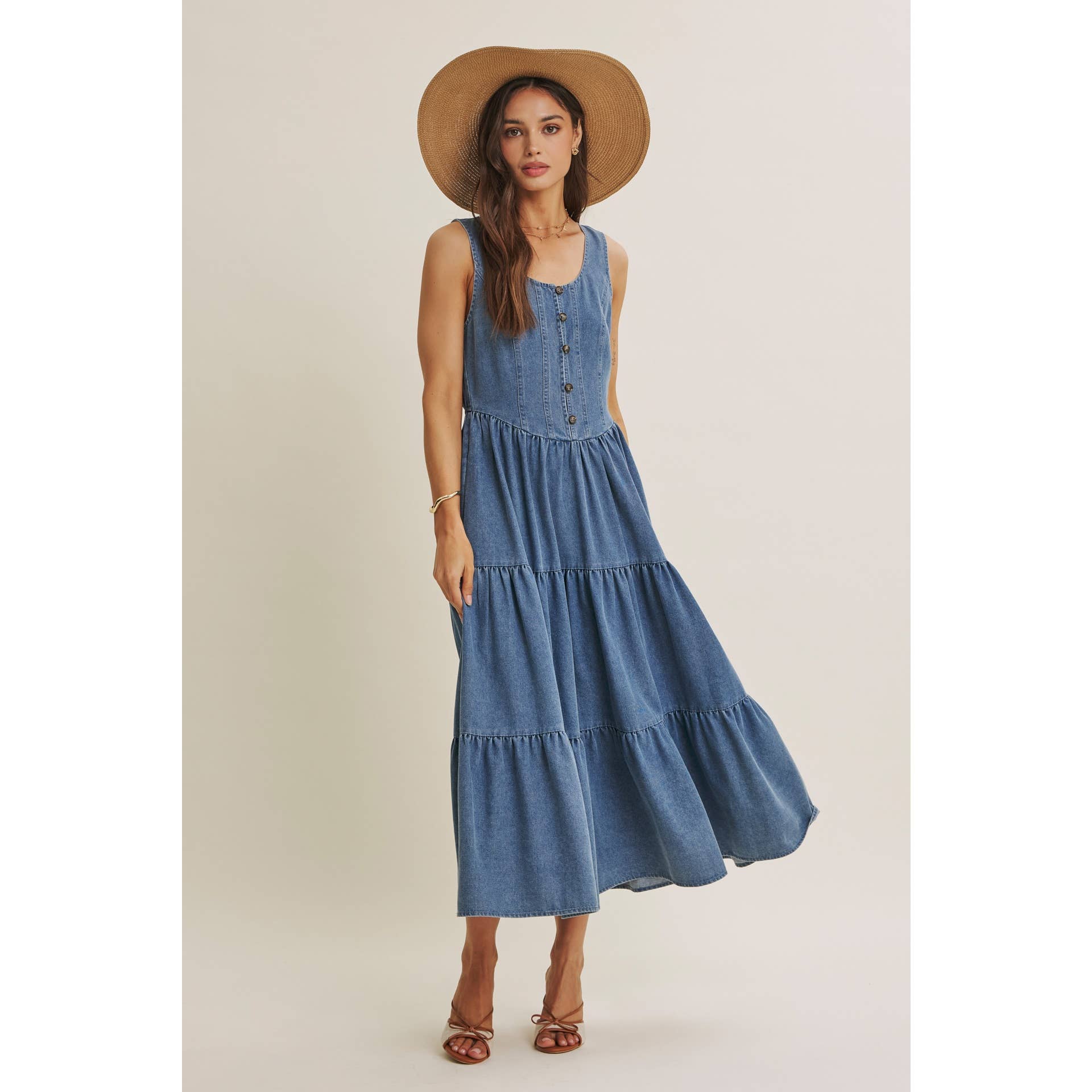 DENIM TIERED MIDI DRESS