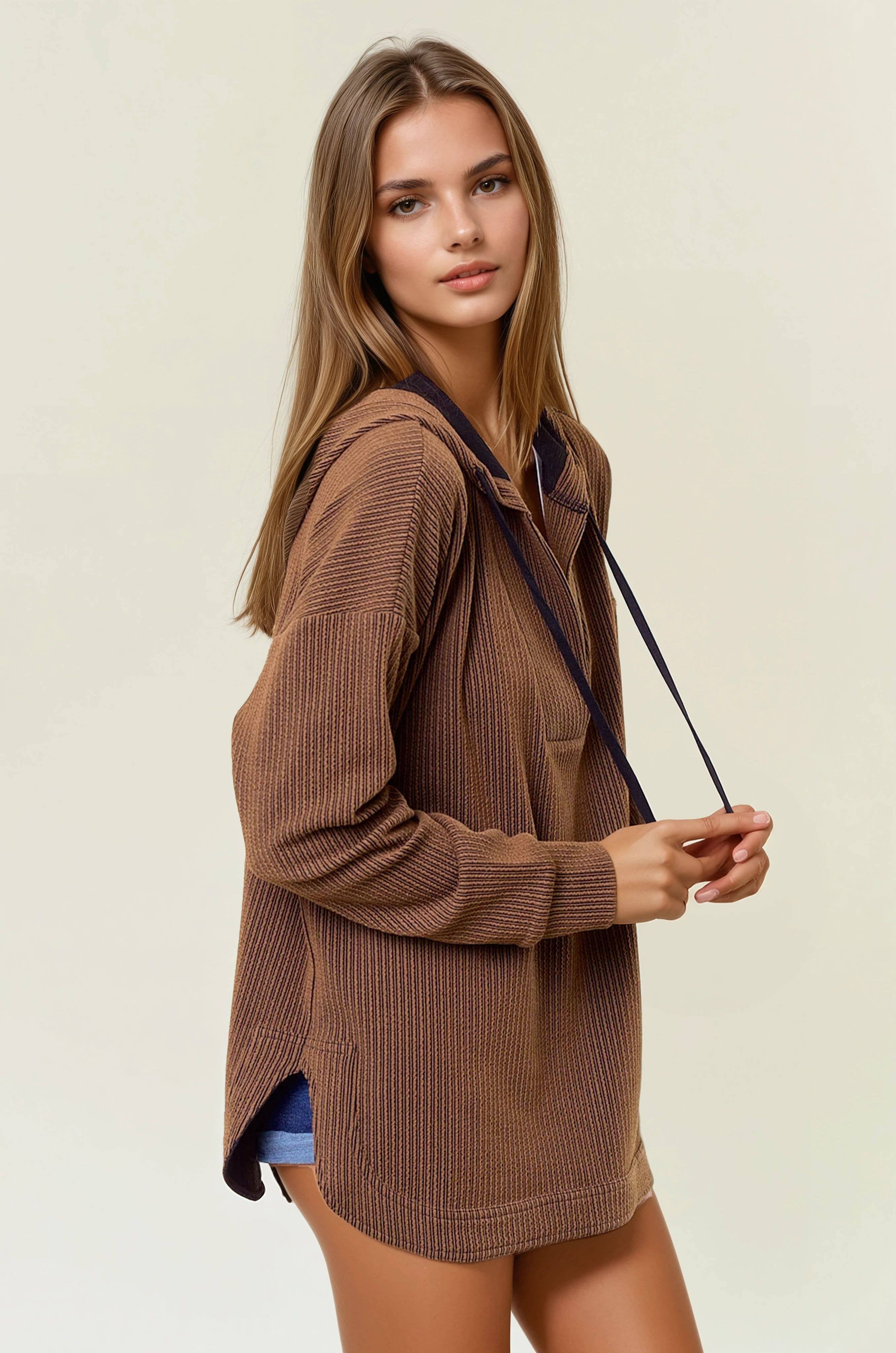 V-Neckline Long Hooded Sweatshirt