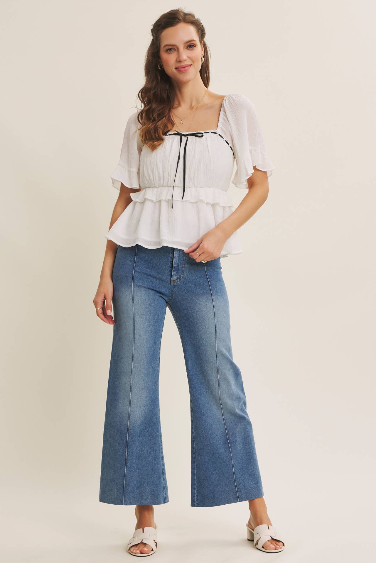 PINTUCK ANKLE LENGTH WIDE-LEG DENIM PANTS