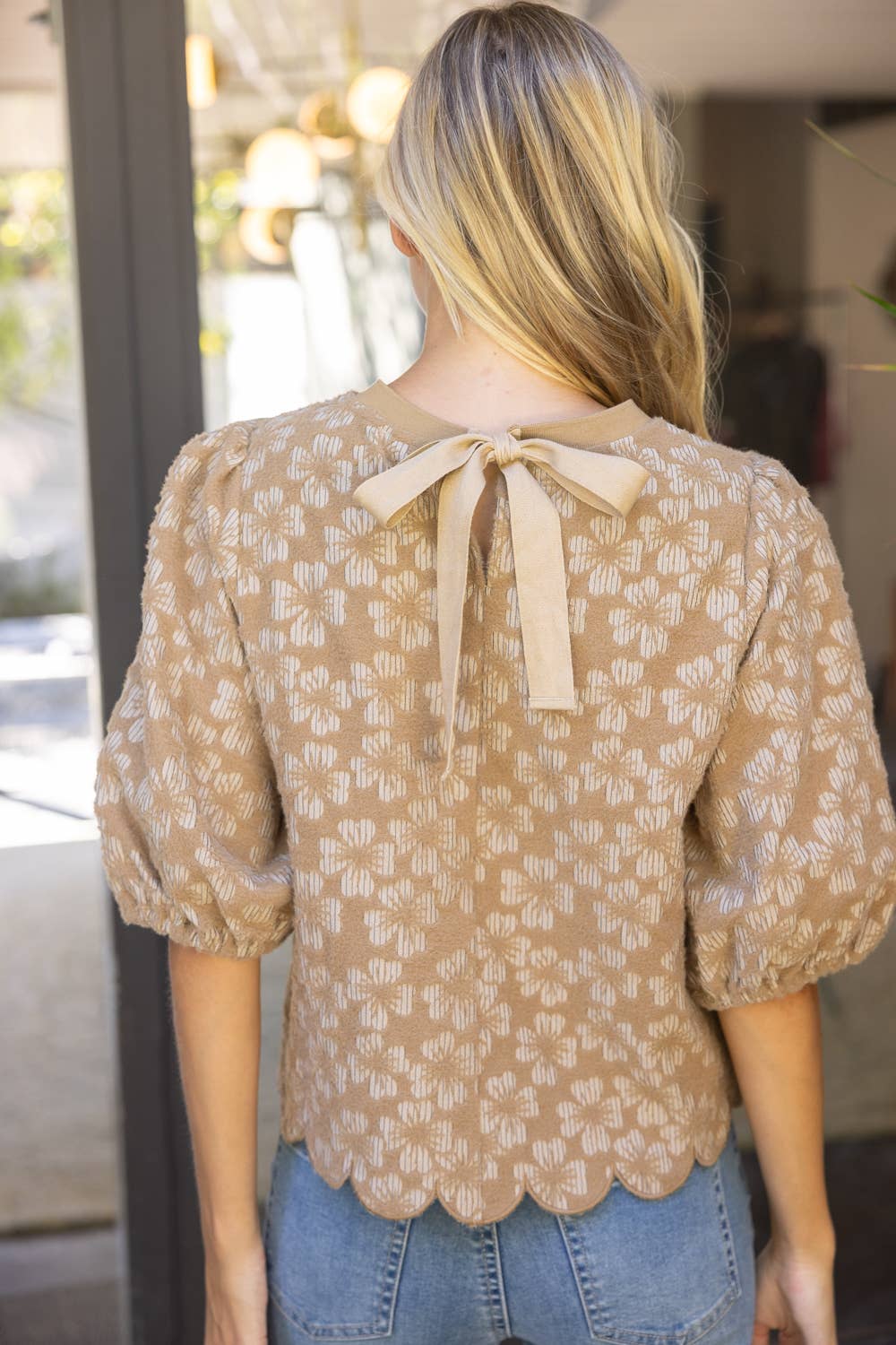 Scalloped Hem Tie Floral Textured Top