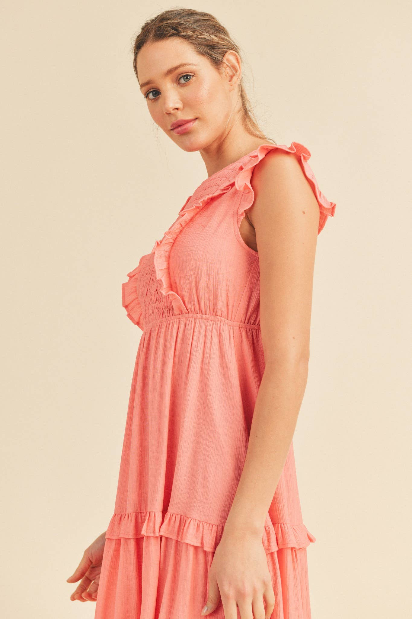 SMOCKED RUFFLED MIDI DRESS