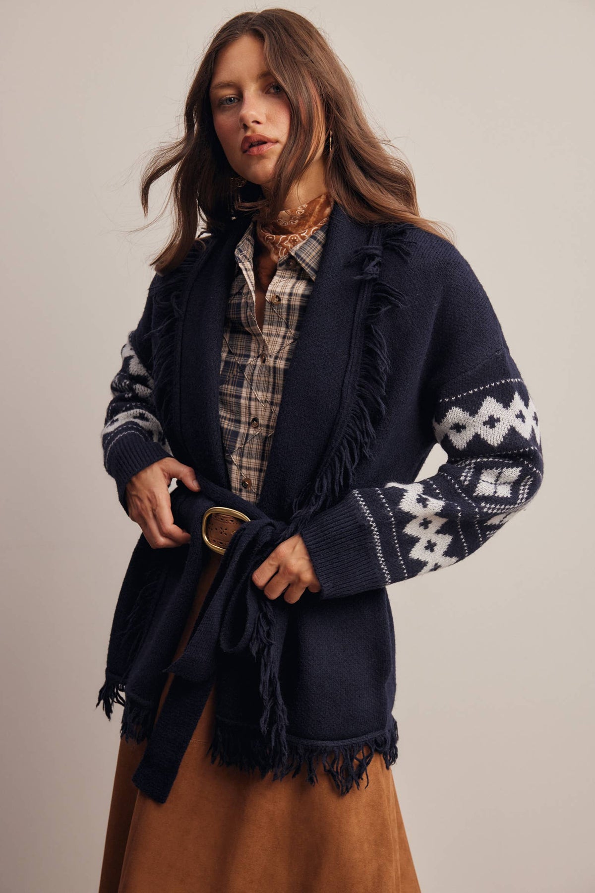Fringe Trim Belted Western Cardigan
