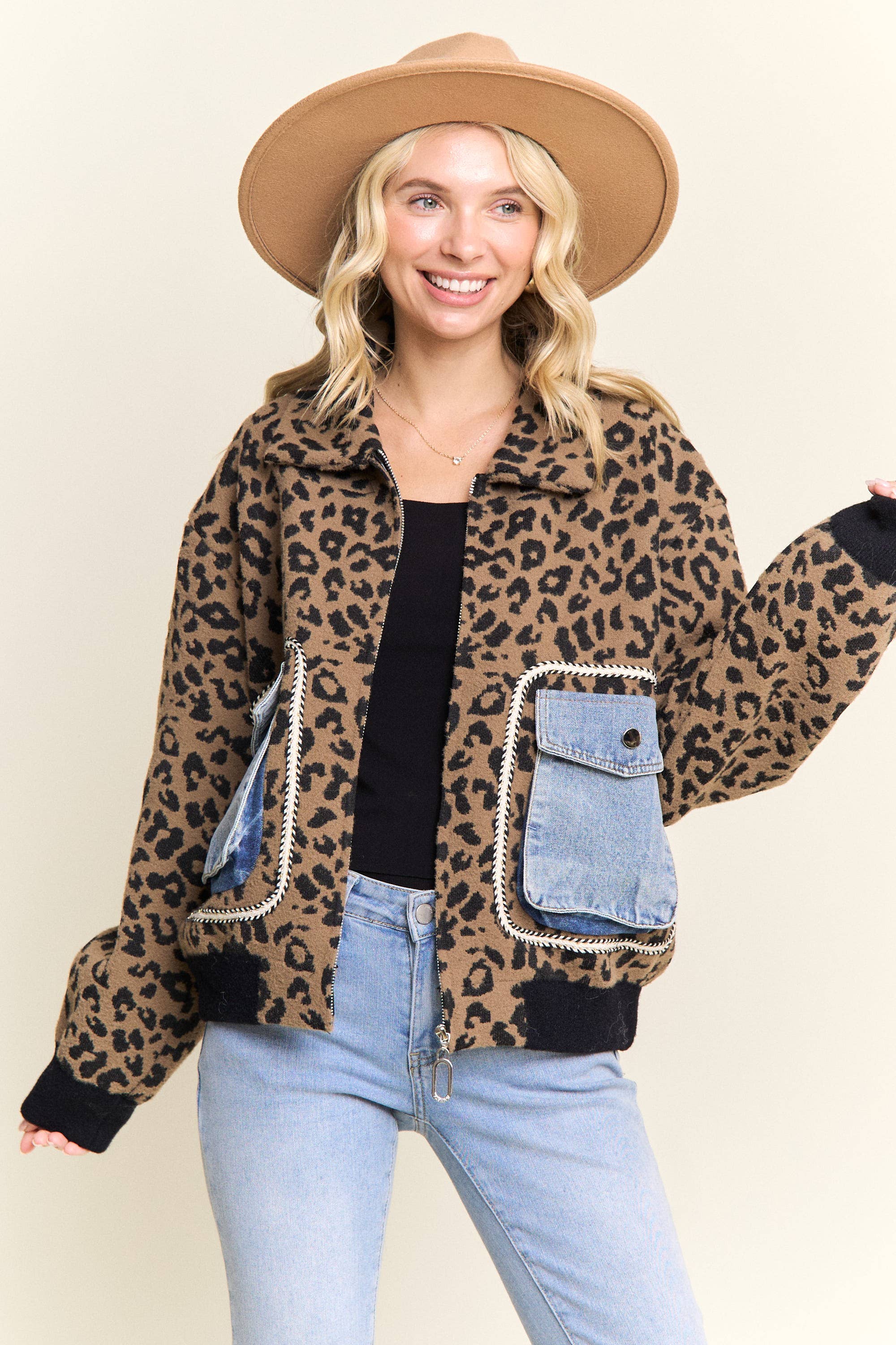 LEOPARD PRINT JACKET WITH DENIM POCKETS