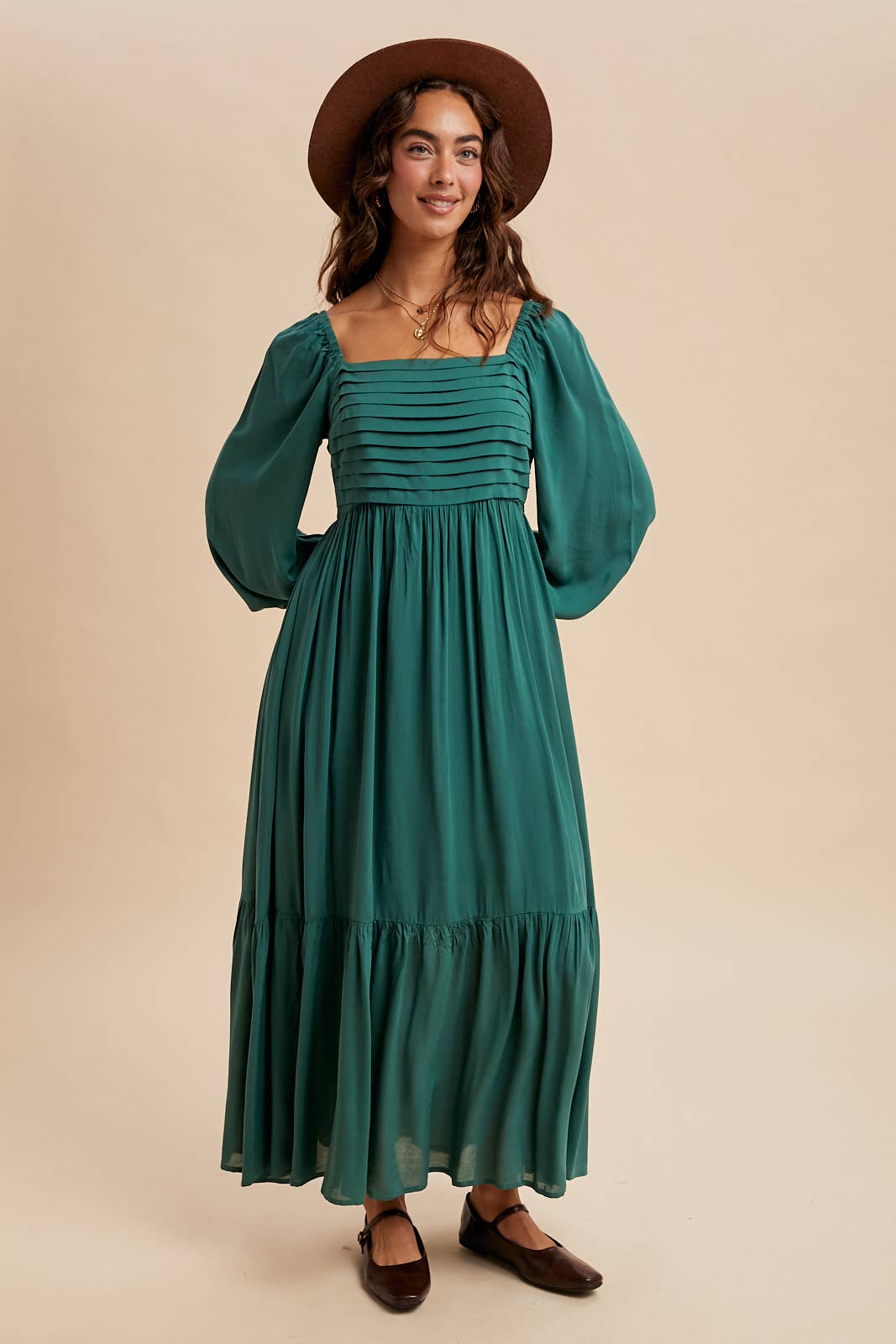 PLEATED SQUARE NECK MAXI DRESS