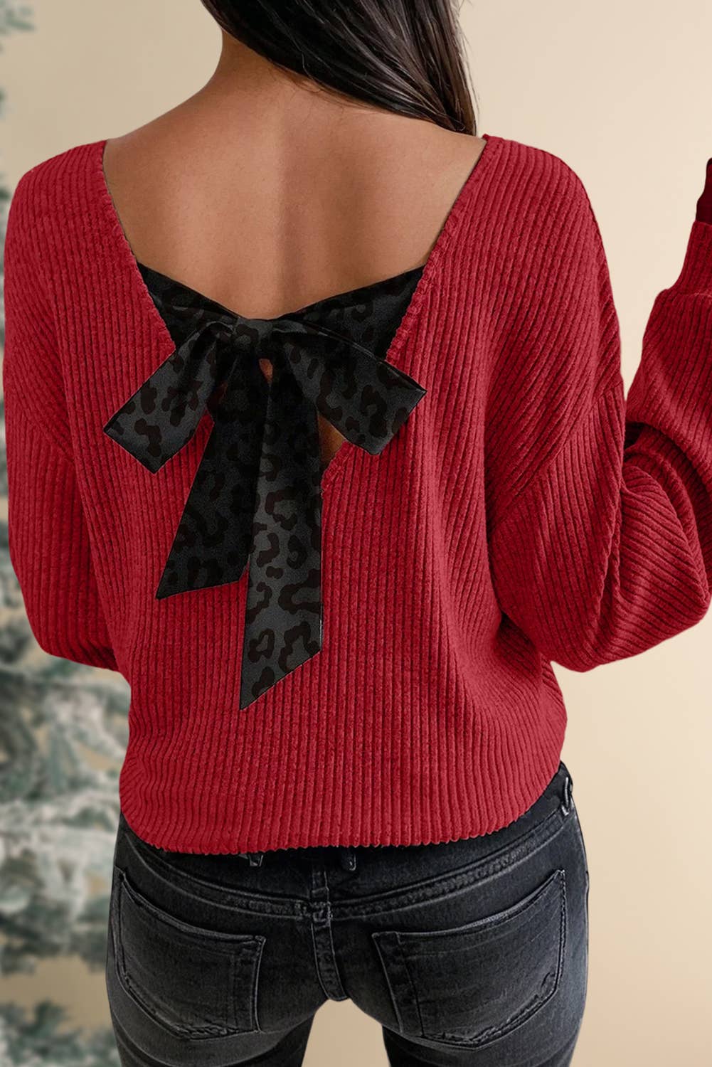 Leopard Print Back Bow Tie Blouse