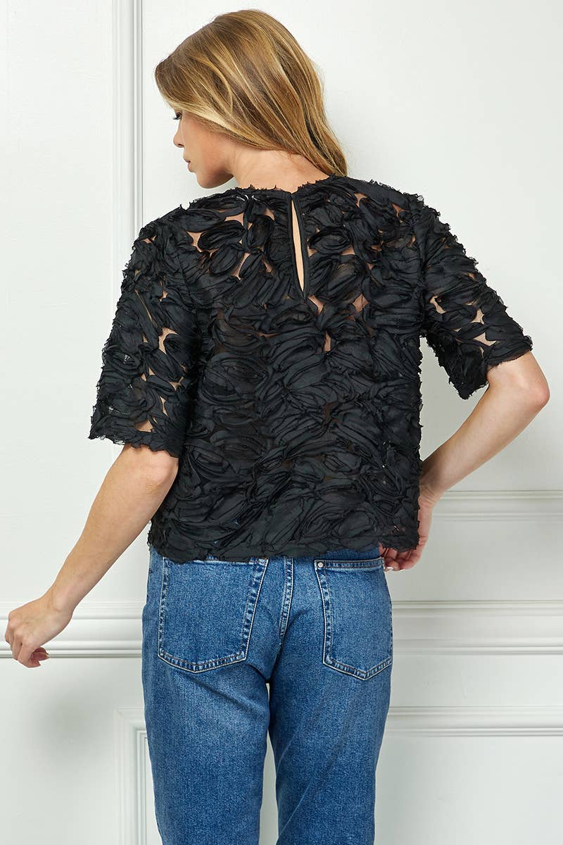 Petal Textured Sheer Top in Black