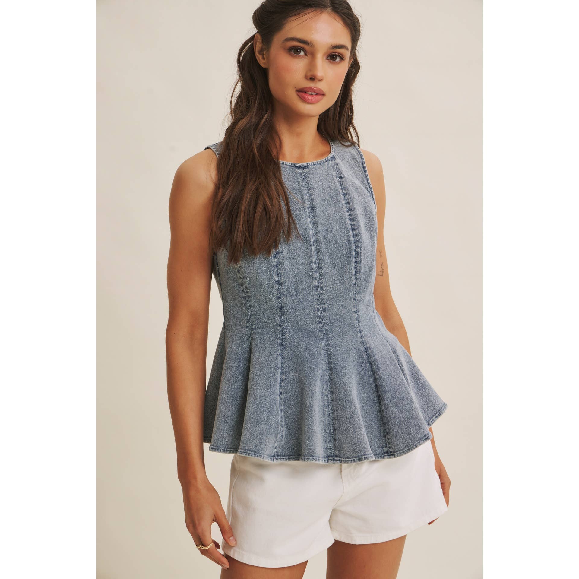 MINERAL-WASHED DENIM PEPLUM TOP